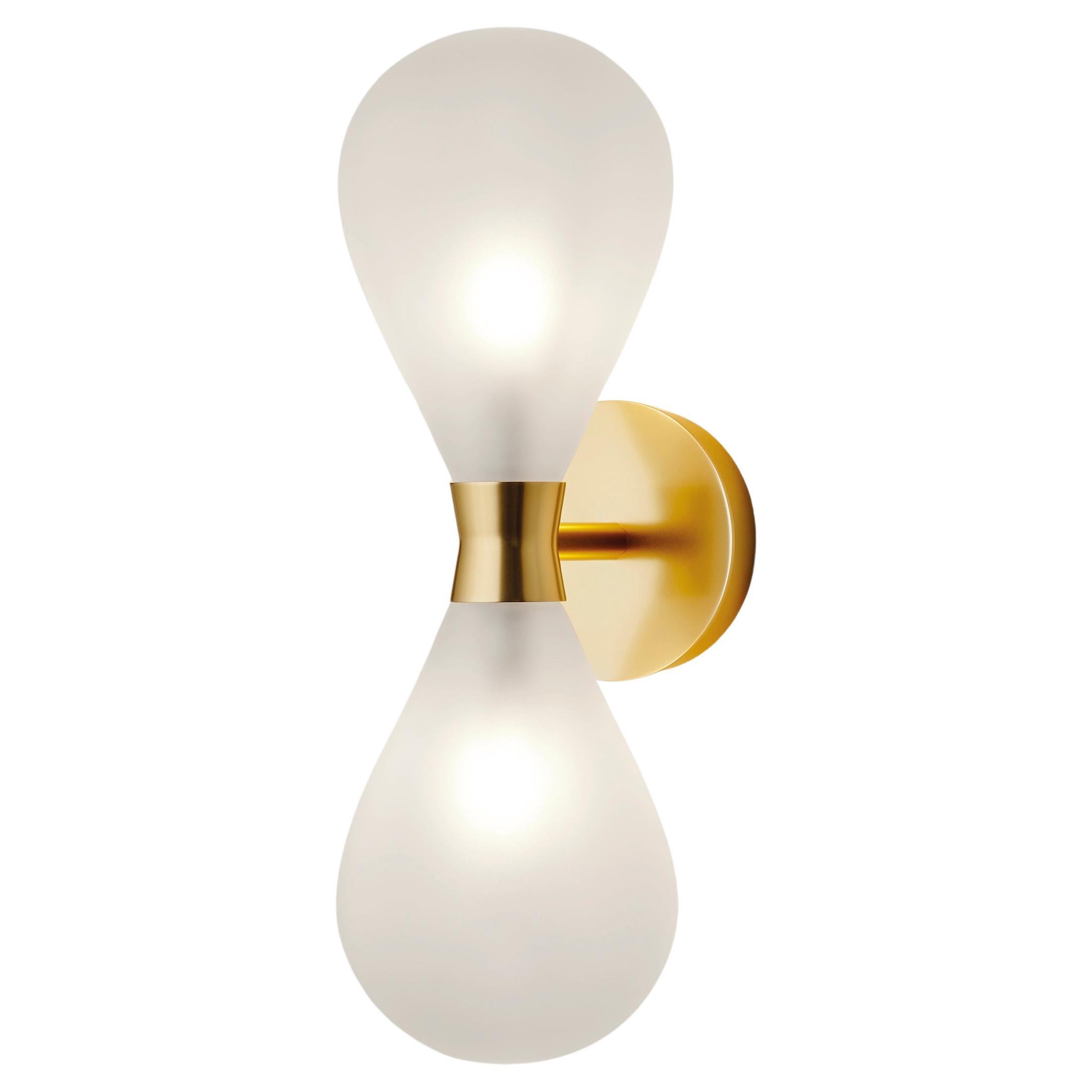 Cintola Wall Light Twin in Satin Gold with Frosted Handblown Glass Globes For Sale