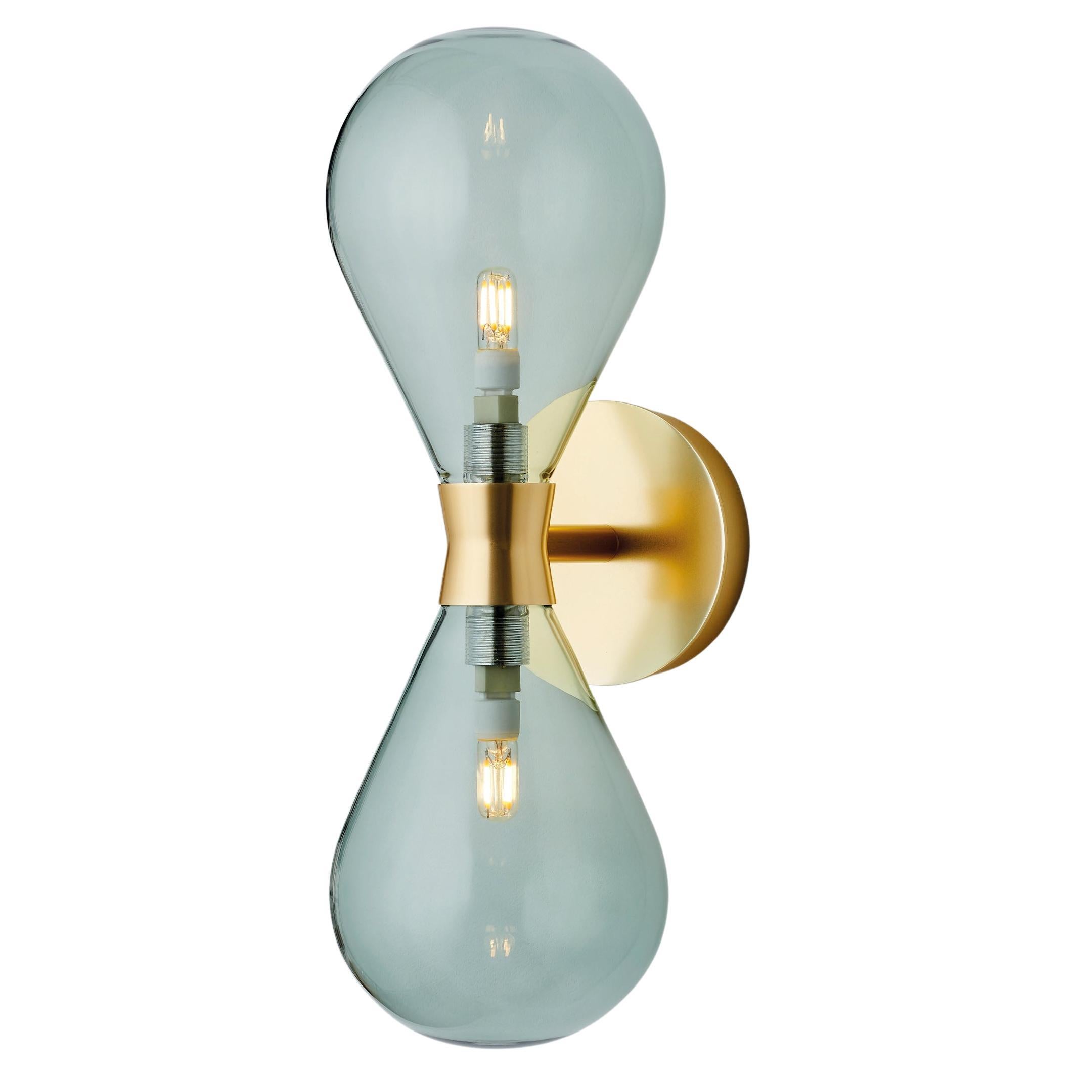 Cintola Wall Light Twin in Satin Gold with Smoke Grey Handblown Glass Globes For Sale