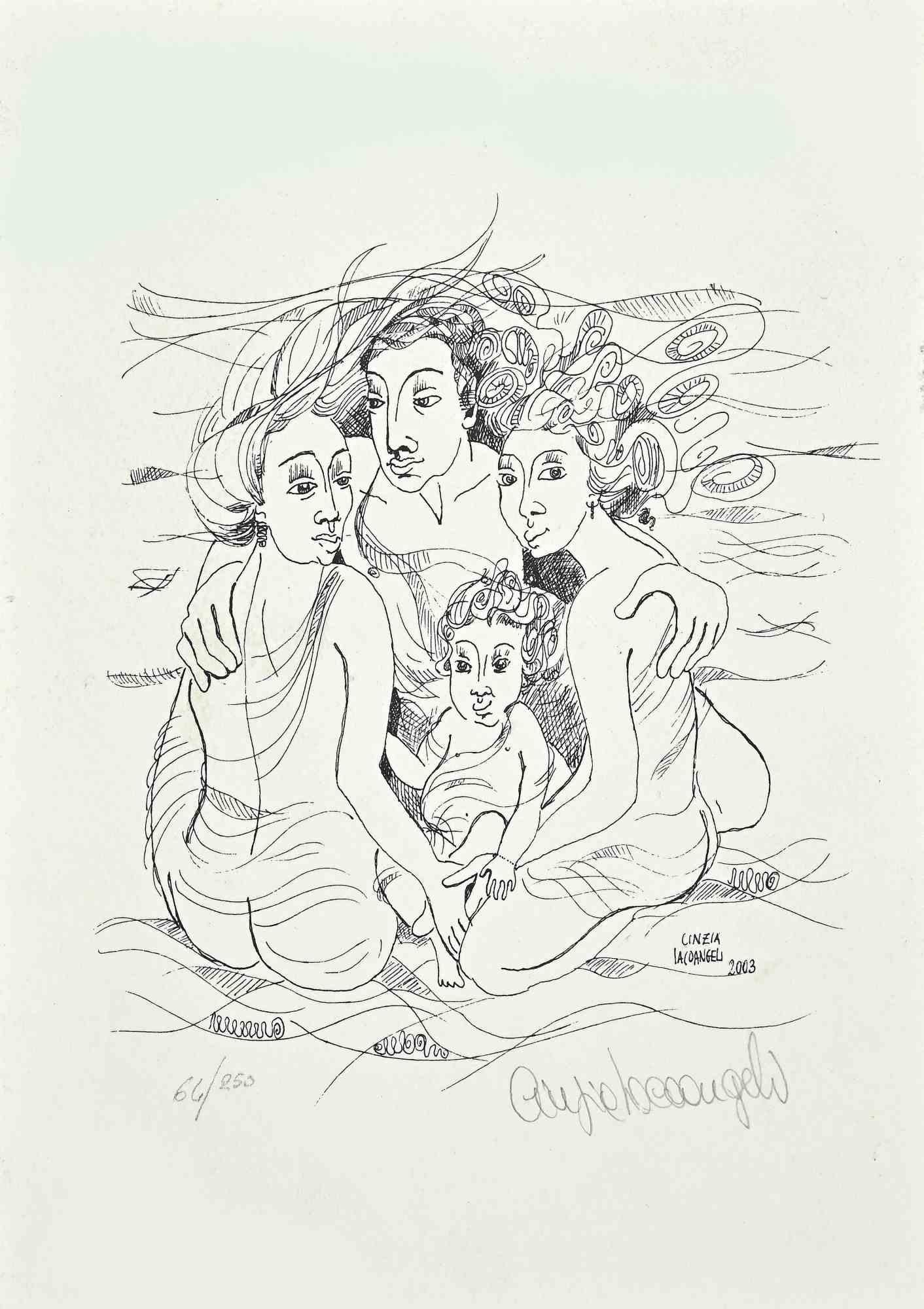 The Family is an original lithograph on paper, realized by Cinzia Iacoangeli in 2003.

The status of preservation good.

The artwork is depicted skillfully through confident and strong lines with a harmonious composition.