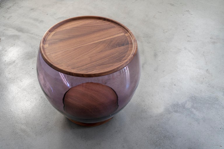 Italian Ciocio Hand Blown Glass Side Table in Amethyst Color with Walnut Wood For Sale