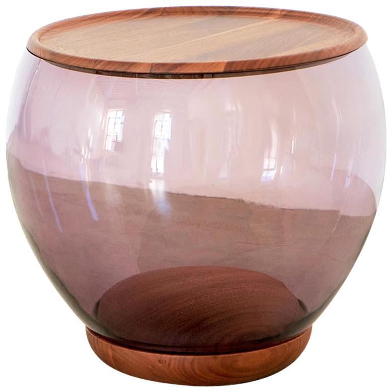Ciocio Hand Blown Glass Side Table in Amethyst Color with Walnut Wood For Sale