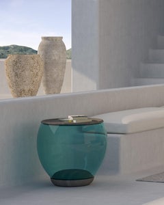 Ciocio Hand Blown Glass Side Table in Mountain Blue Color with Grey Oak