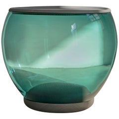 Ciocio Hand Blown Glass Side Table in Mountain Blue Color with Grey Oak