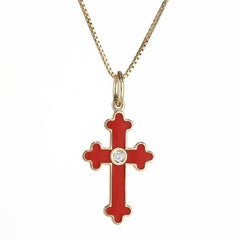 Ciondolo a Croce in Oro 18 Kt, Diamante e Smalto