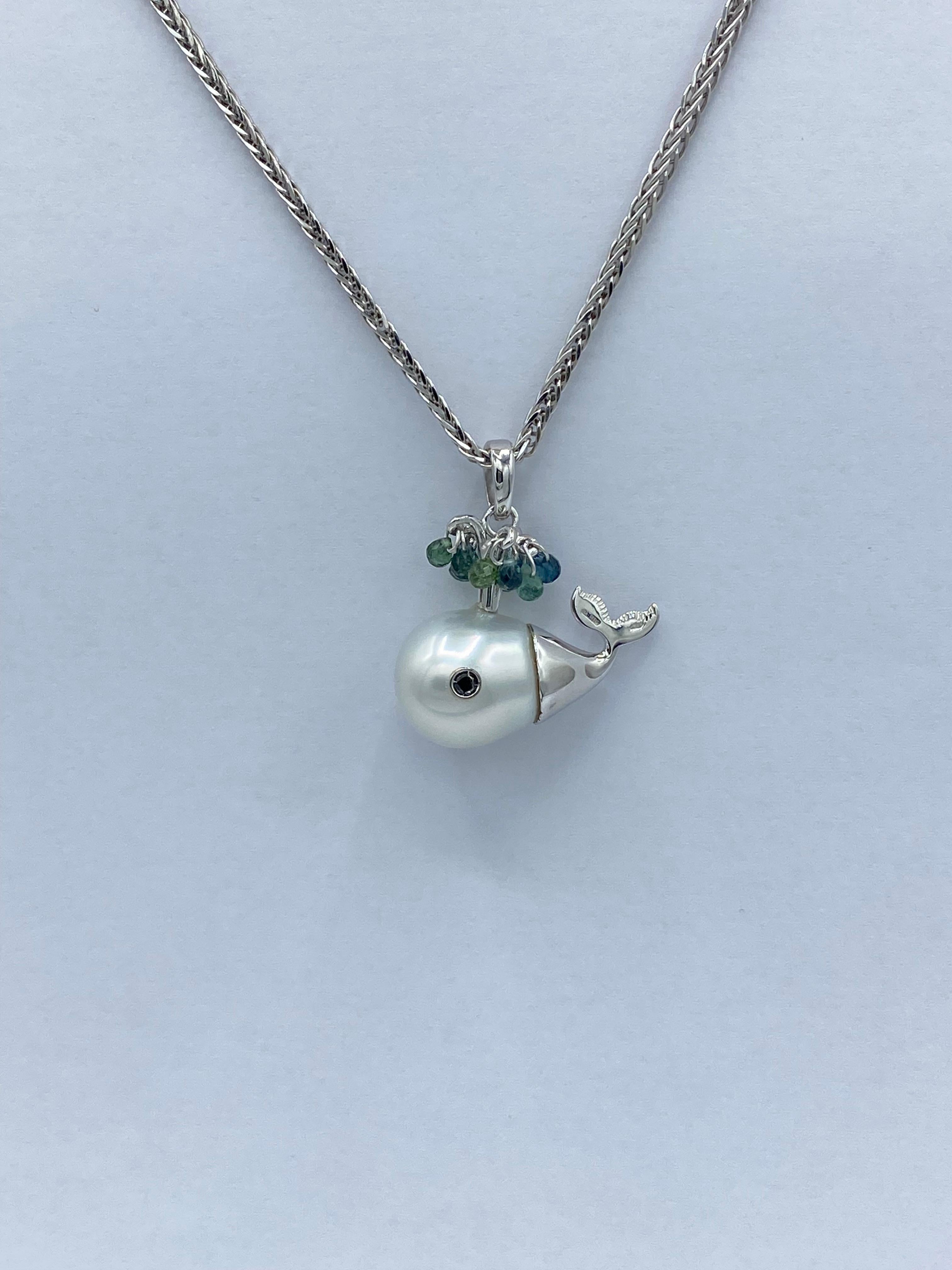 Pendentif baleine en or blanc 18Kt Perle australienne Tourmaline Diamant noir Neuf - En vente à Bussolengo, Verona