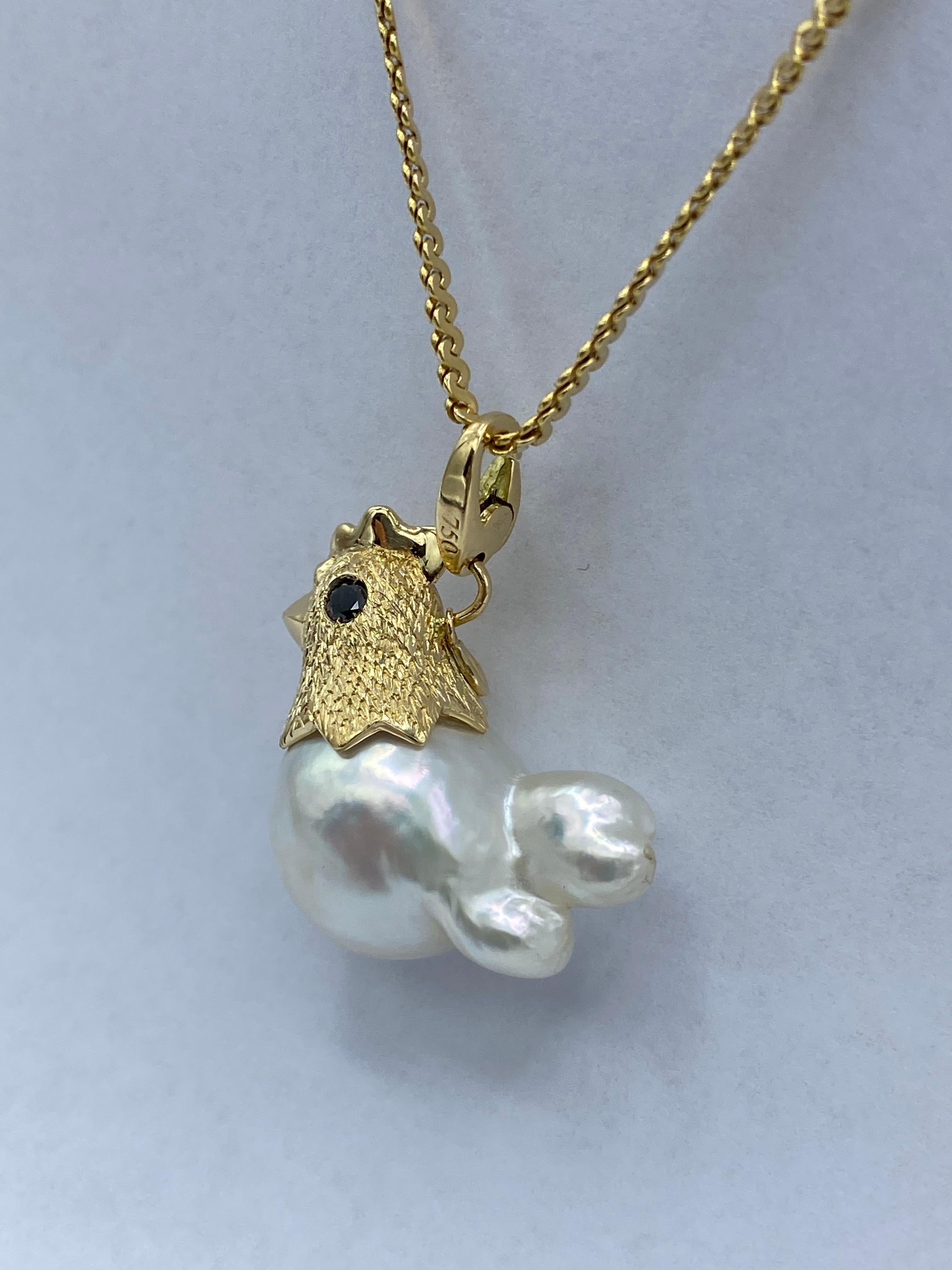 Artisan 18Kt Gold Hen Pendant/Charm with Australian Pearl and Black Diamonds For Sale