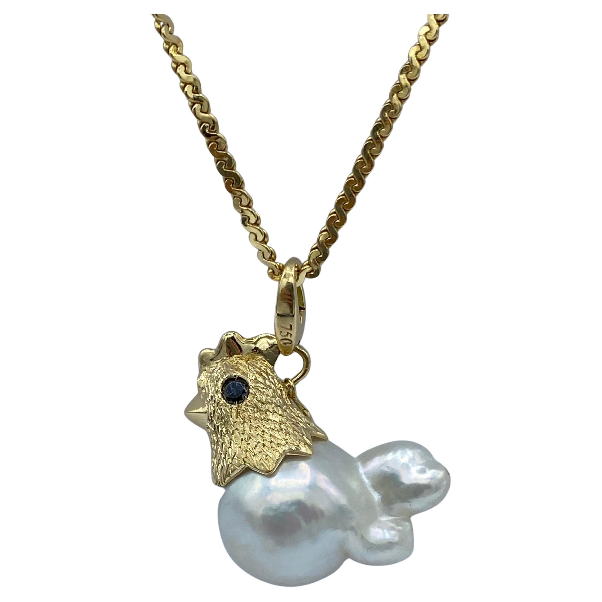 18Kt Gold Hen Pendant/Charm with Australian Pearl and Black Diamonds