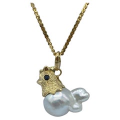 18Kt Gold Hen Pendant/Charm with Australian Pearl and Black Diamonds