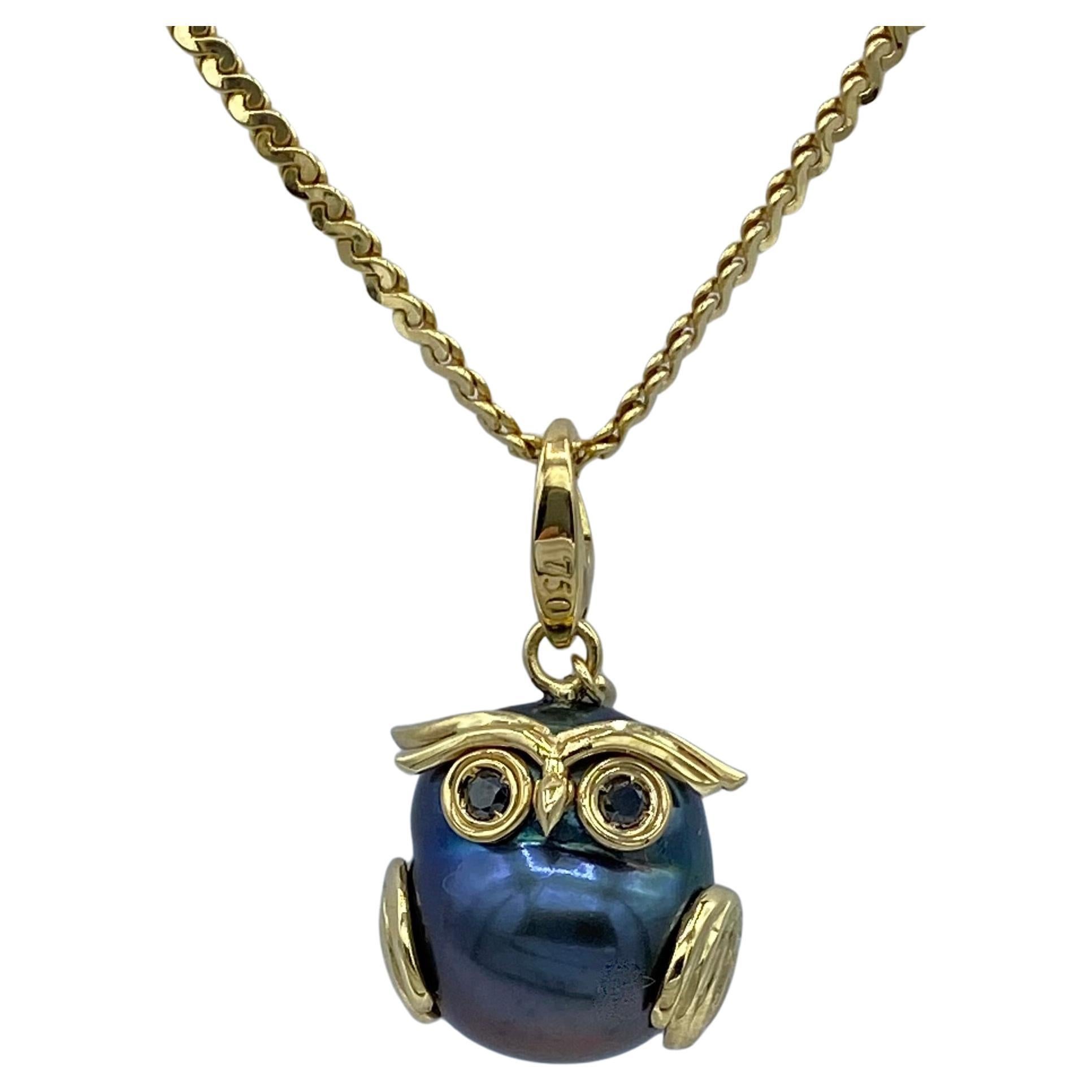 Pendant/Charm Owl in 18Kt gold black diamonds and Tahiti pearl