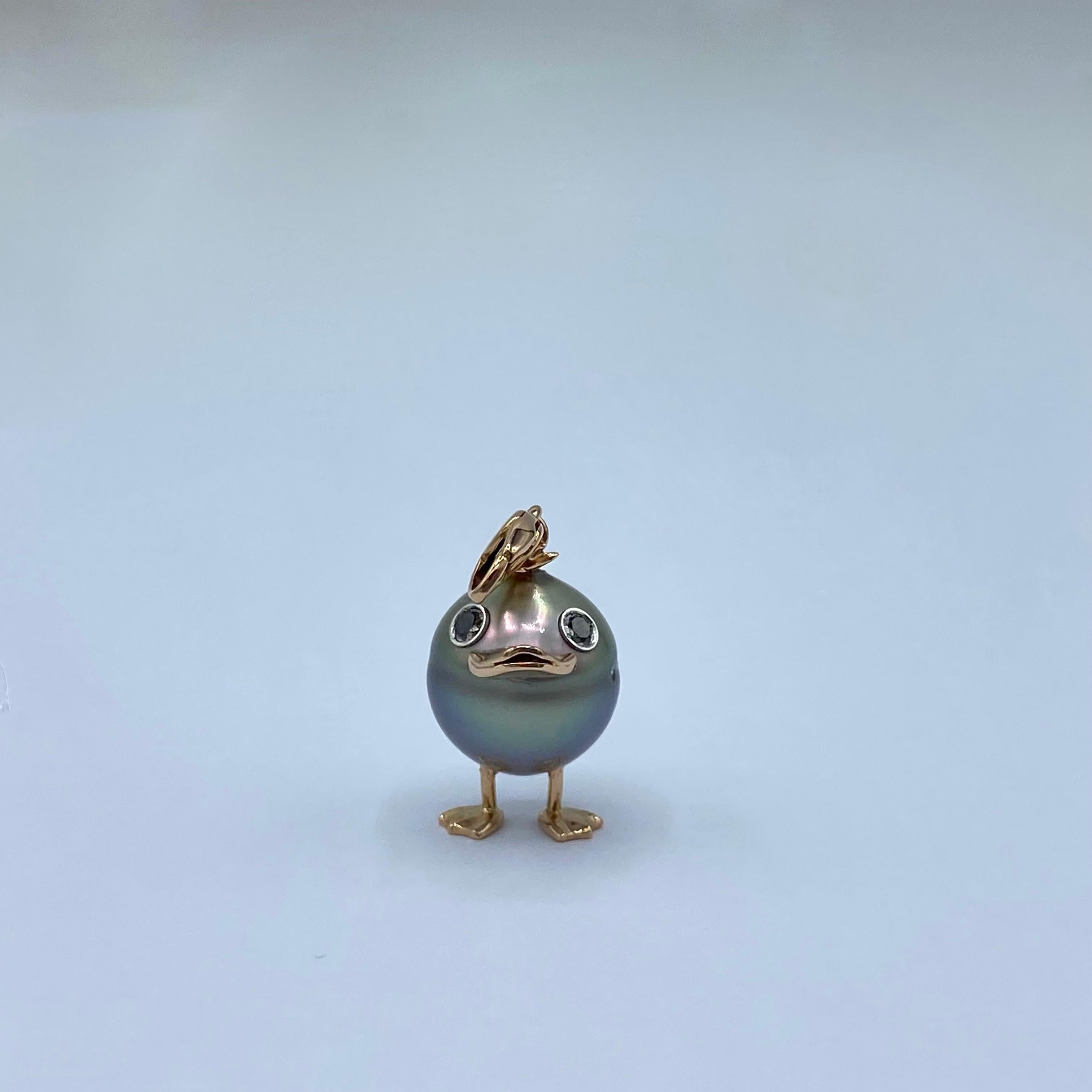 Round Cut 18Kt rose gold Duck pendant/ Charm with Tahiti pearl and black diamonds For Sale