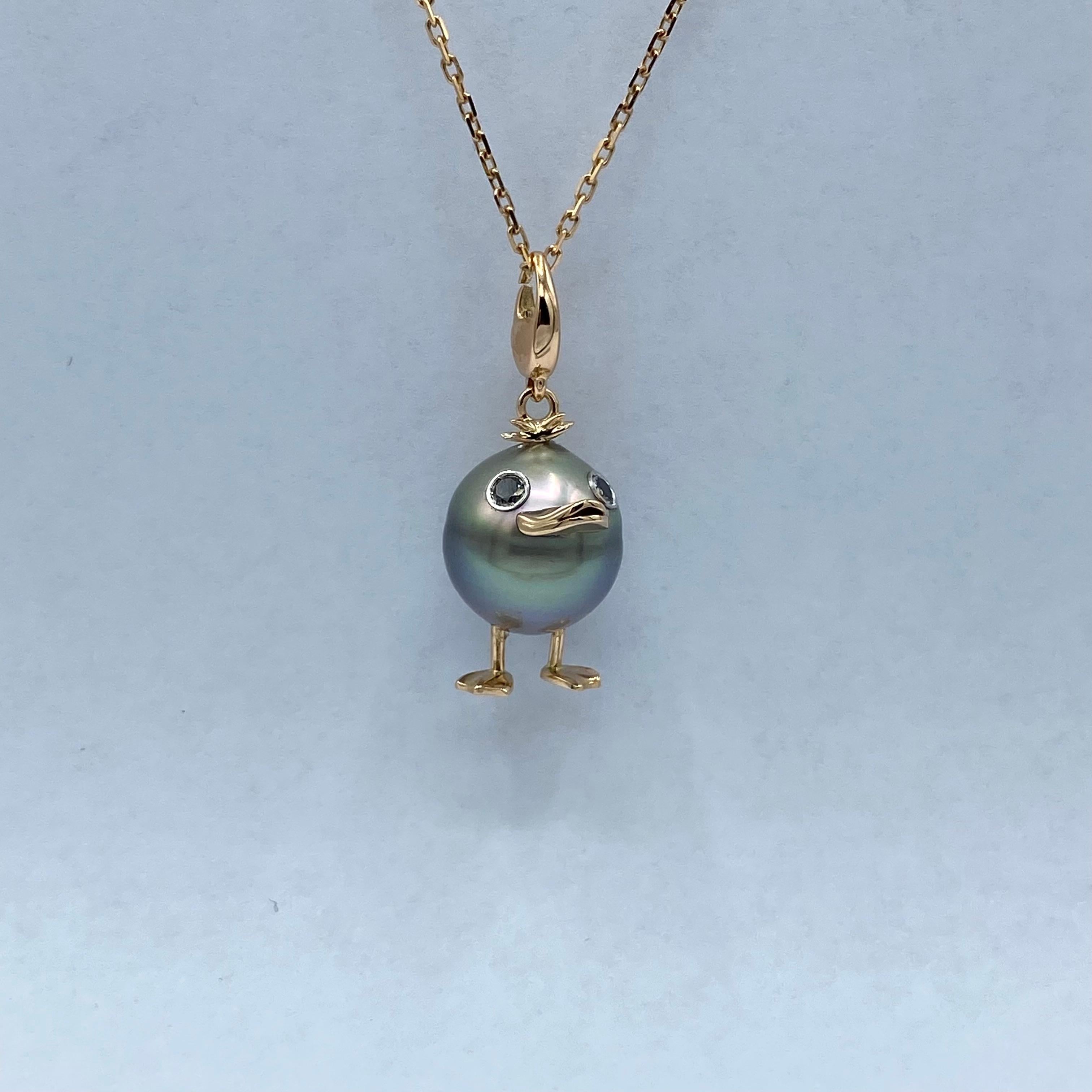 Women's or Men's 18Kt rose gold Duck pendant/ Charm with Tahiti pearl and black diamonds For Sale