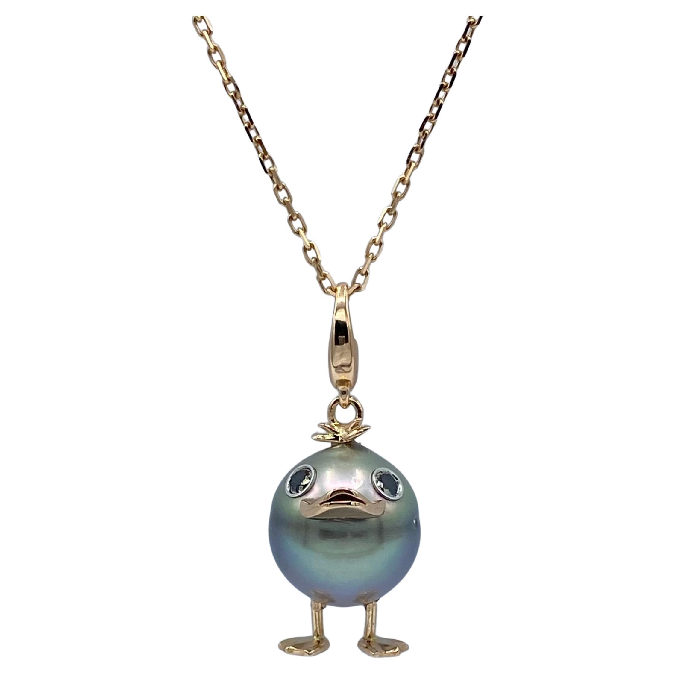18Kt Roségold Duck Anhänger/ Charm mit Tahiti Perle und schwarzen Diamanten