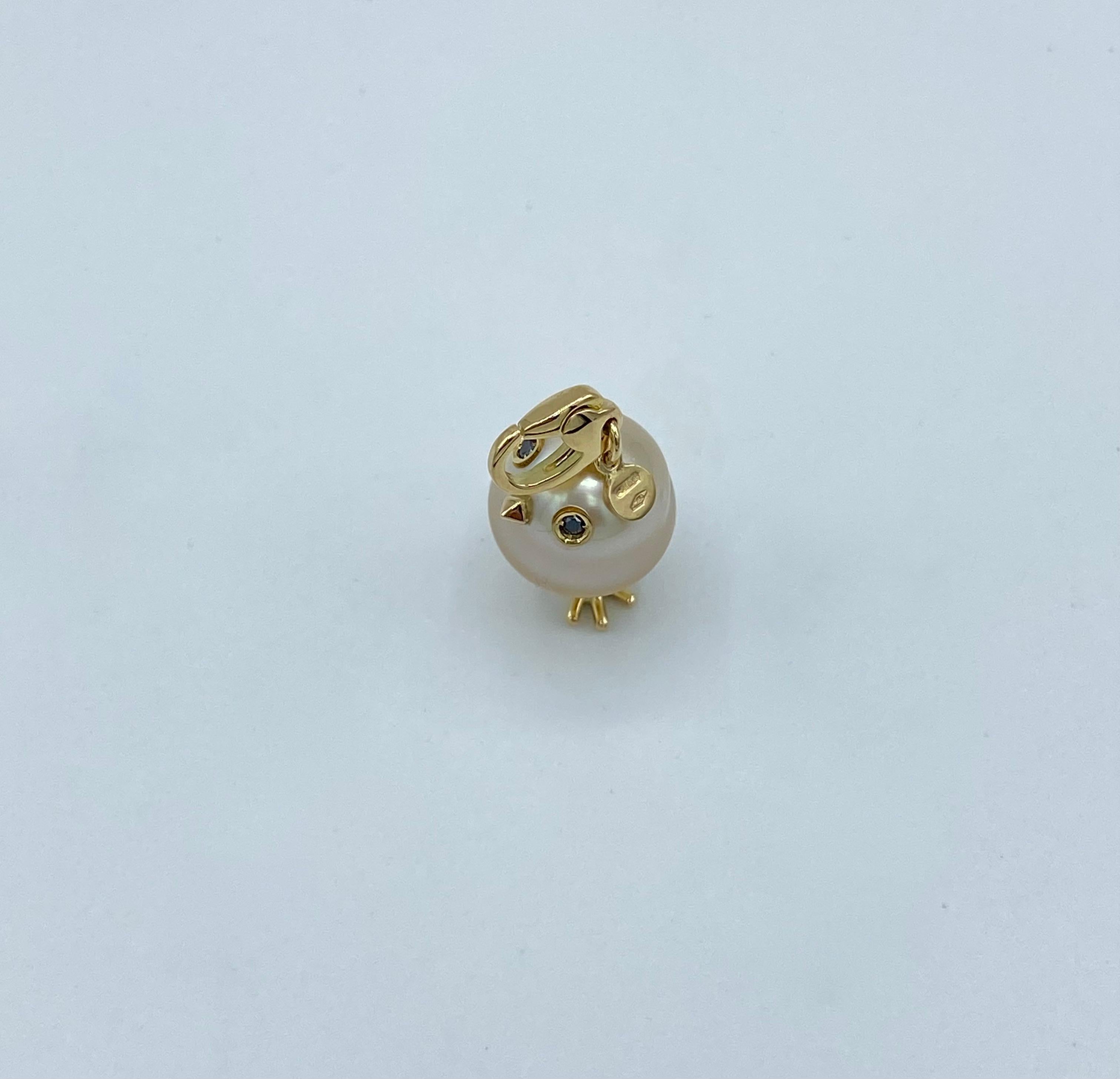 Pendant/ Charm Chick in 18Kt Gold Diamonds South Sea Pearl In New Condition In Bussolengo, Verona