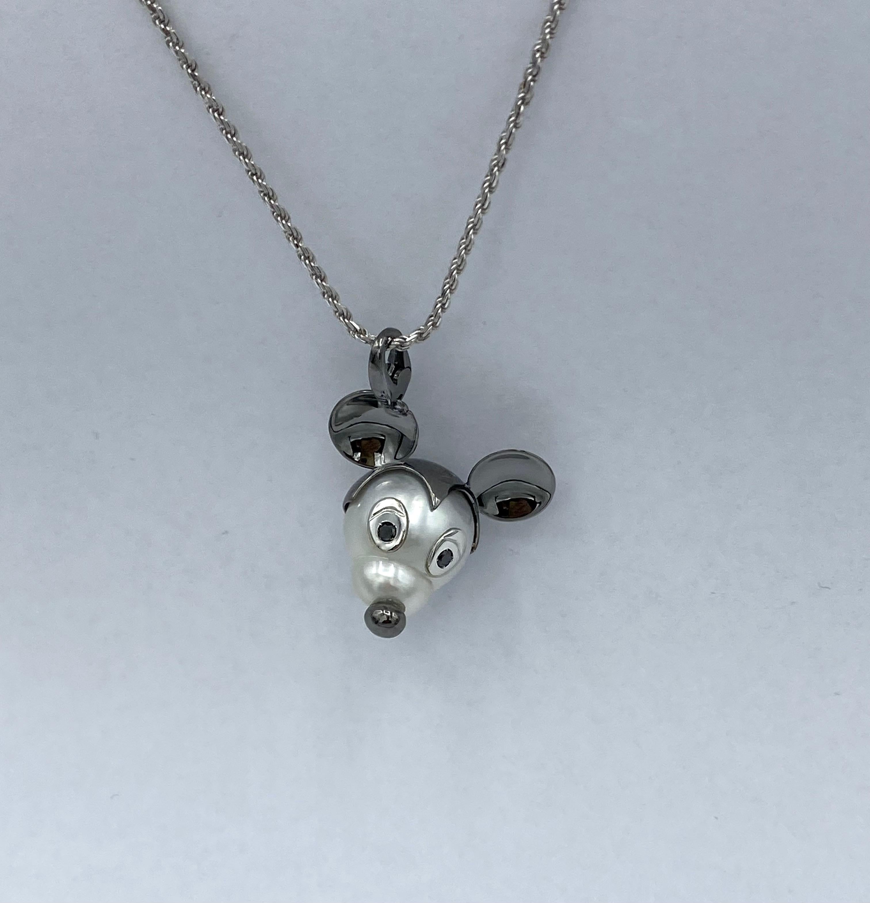 Mickey Mouse pendant/ Charm in 18Kt gold black diamonds and Australian pearl For Sale 9