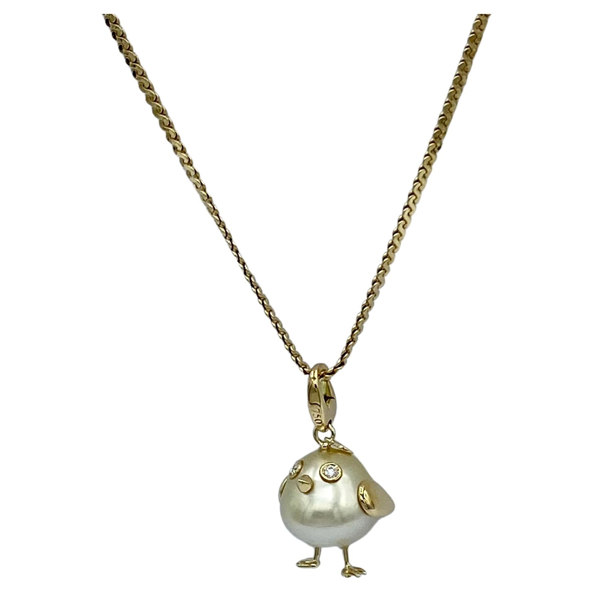 18Kt Gold Perle und weiße Diamanten Vogel Anhänger / Charme Made in IT