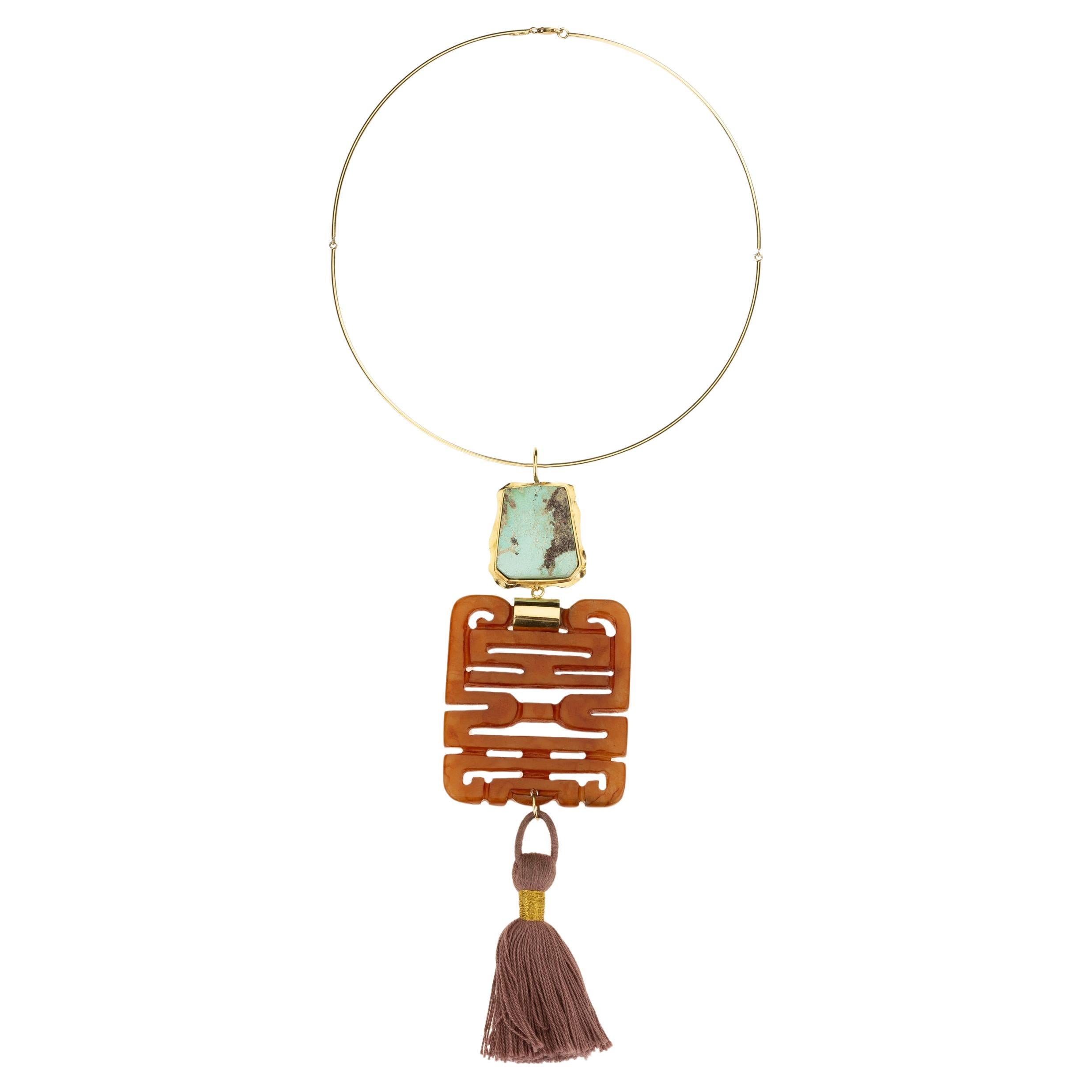 pendant with turquoise antique jadeite engraved 18k gold