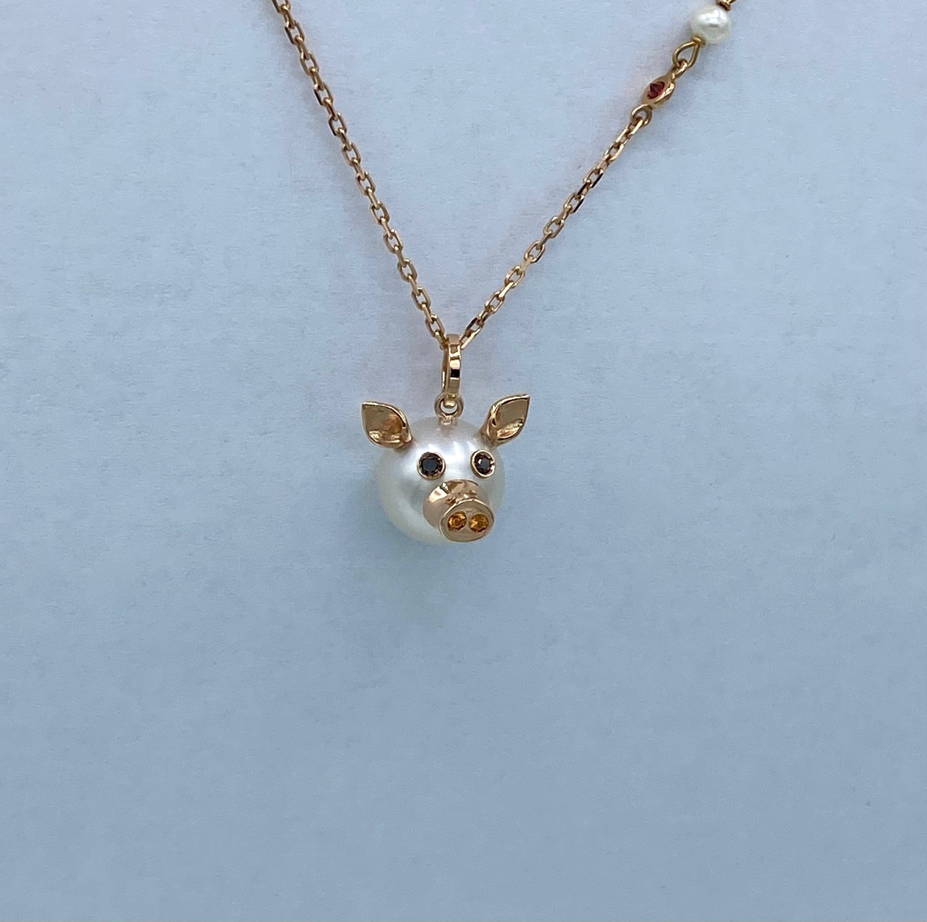 Artisan 18KT rose gold piglet pendant with Australian pearl, diamonds and sapphires For Sale