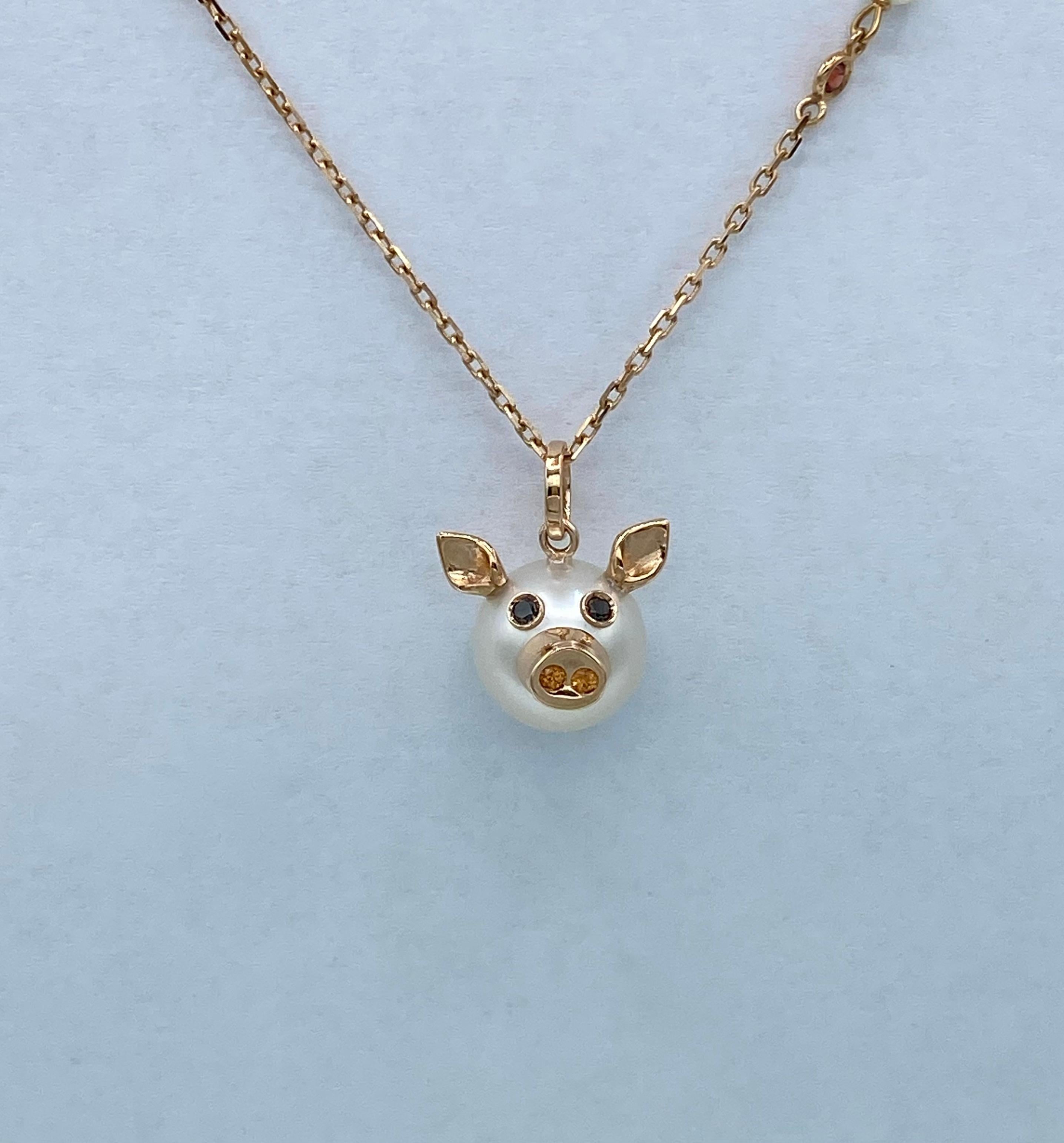 Round Cut 18KT rose gold piglet pendant with Australian pearl, diamonds and sapphires For Sale