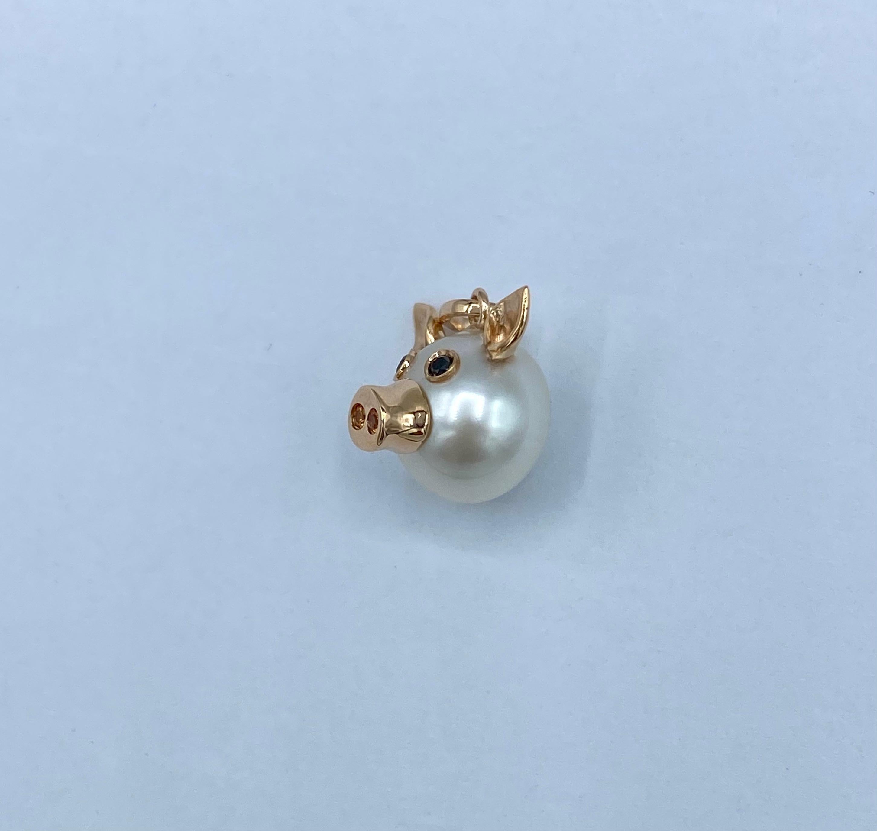 18KT rose gold piglet pendant with Australian pearl, diamonds and sapphires For Sale 1