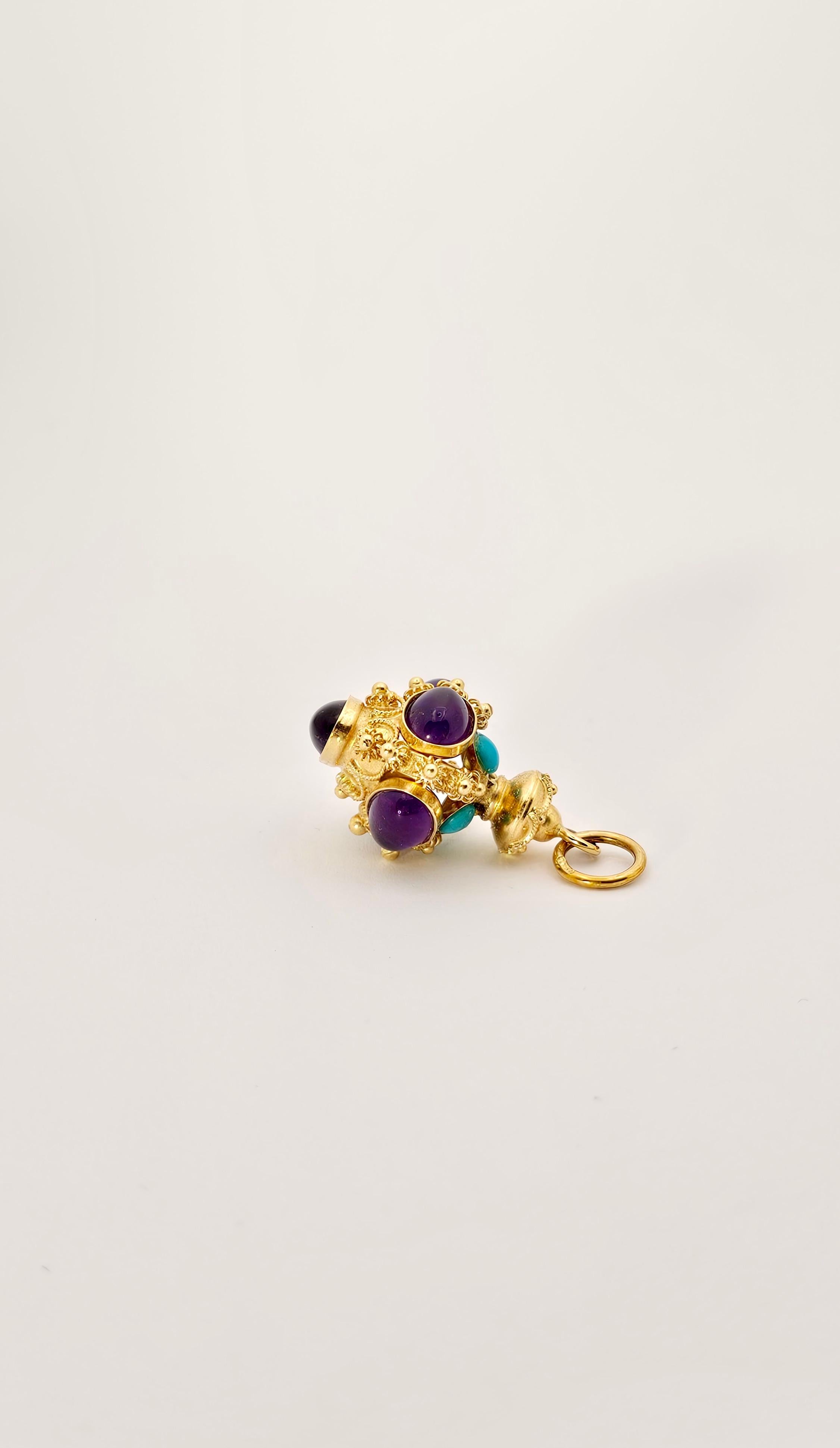 Baroque Style Pendant in 18 Kt Yellow Gold, Amethyst and Turquoise Cabochon 1