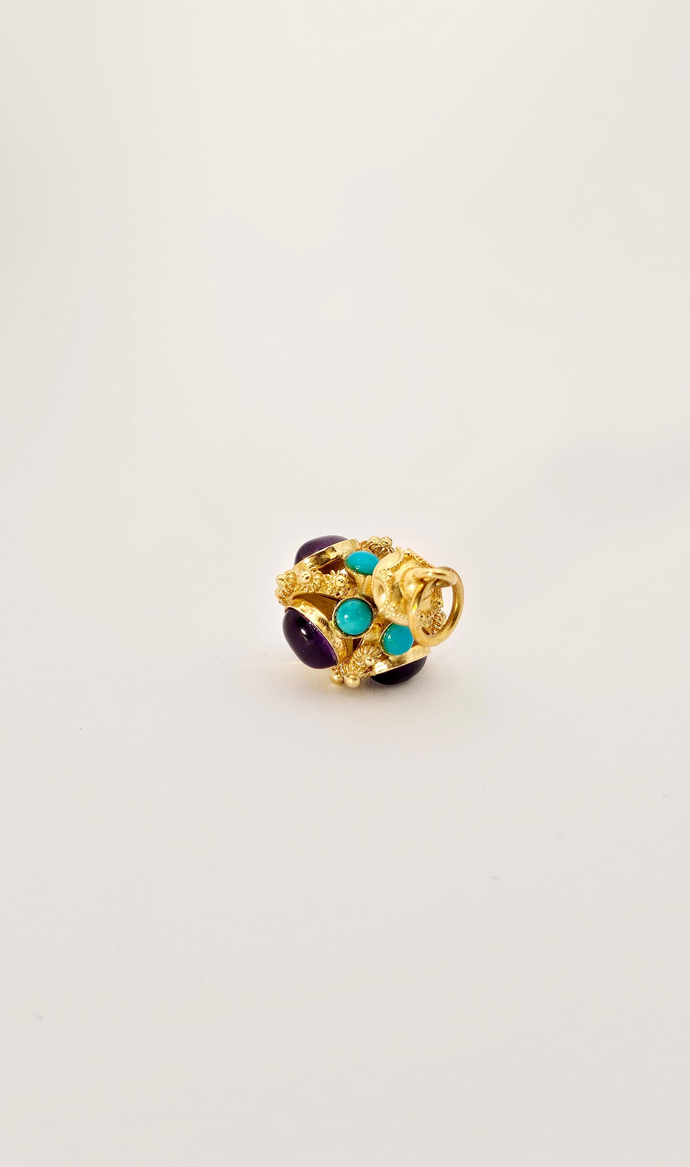 Baroque Style Pendant in 18 Kt Yellow Gold, Amethyst and Turquoise Cabochon 2