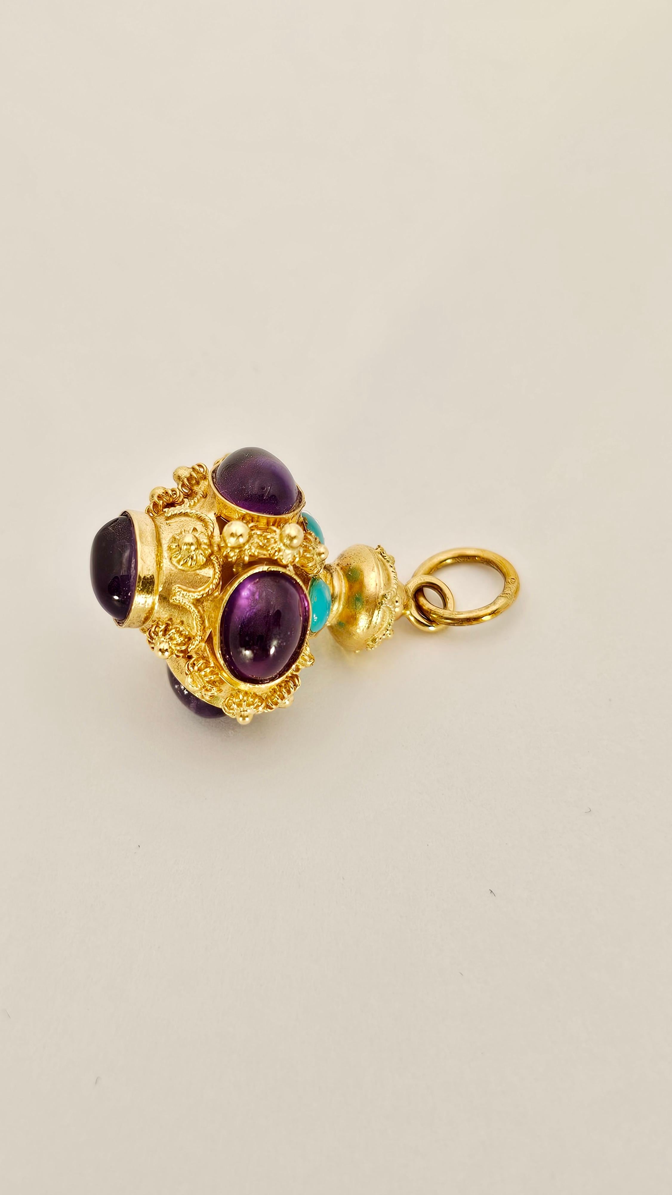 Baroque Style Pendant in 18 Kt Yellow Gold, Amethyst and Turquoise Cabochon 3