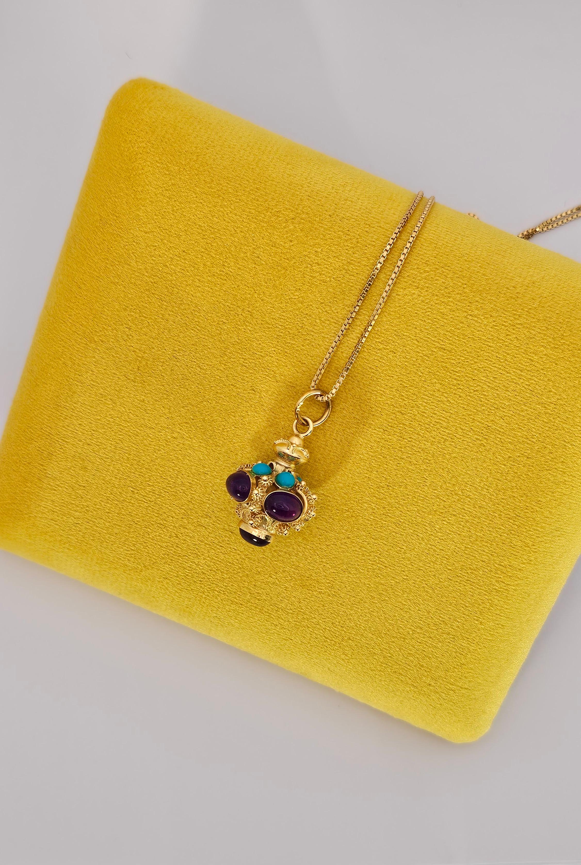 Baroque Style Pendant in 18 Kt Yellow Gold, Amethyst and Turquoise Cabochon 4