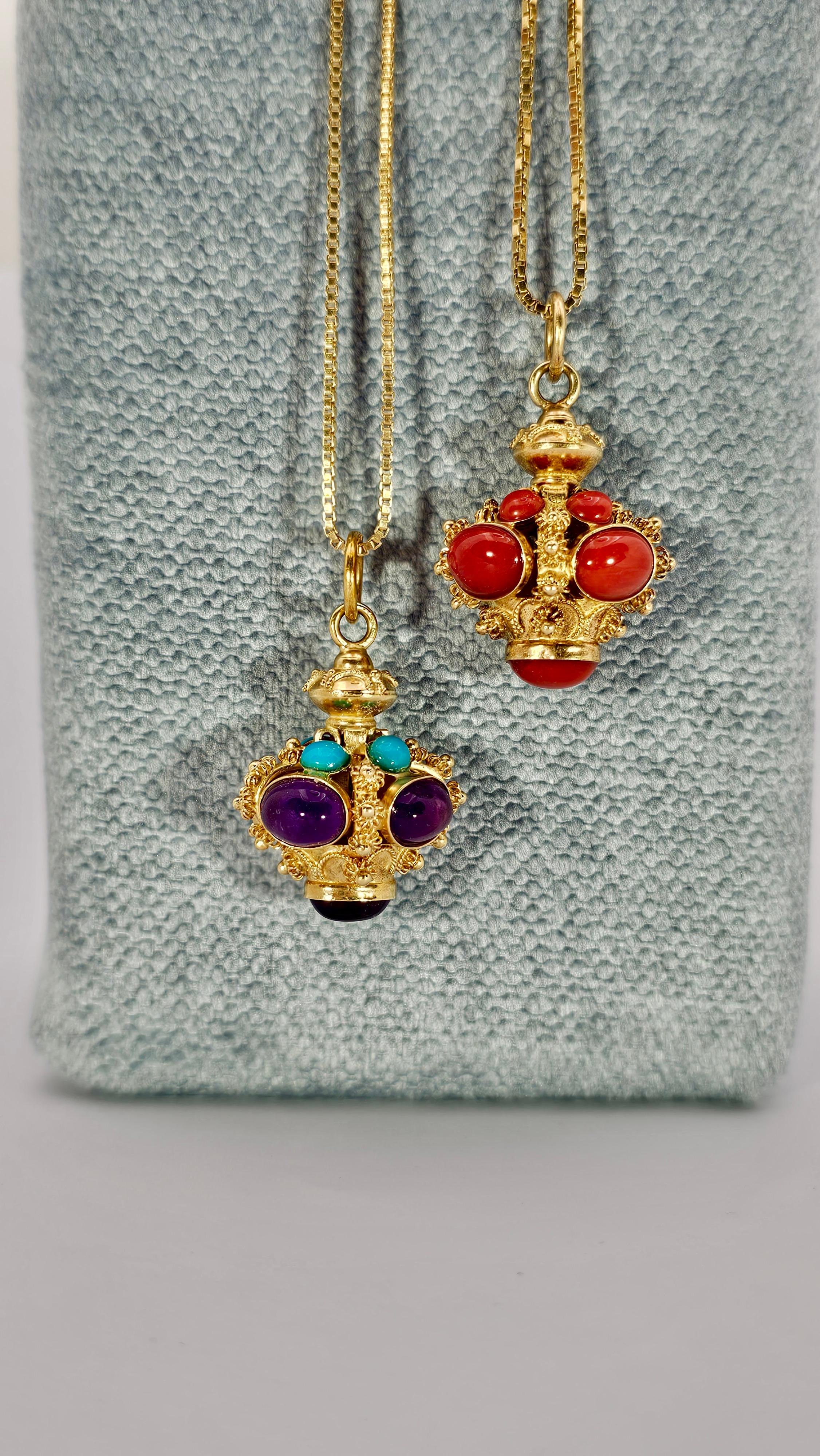 Baroque Style Pendant in 18 Kt Yellow Gold, Amethyst and Turquoise Cabochon 5