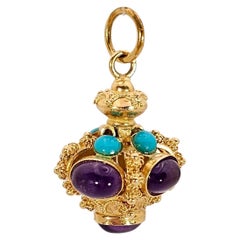 Ciondolo in Stile Barocco in Oro Giallo 18 Kt, Ametista e Turchese Cabochon