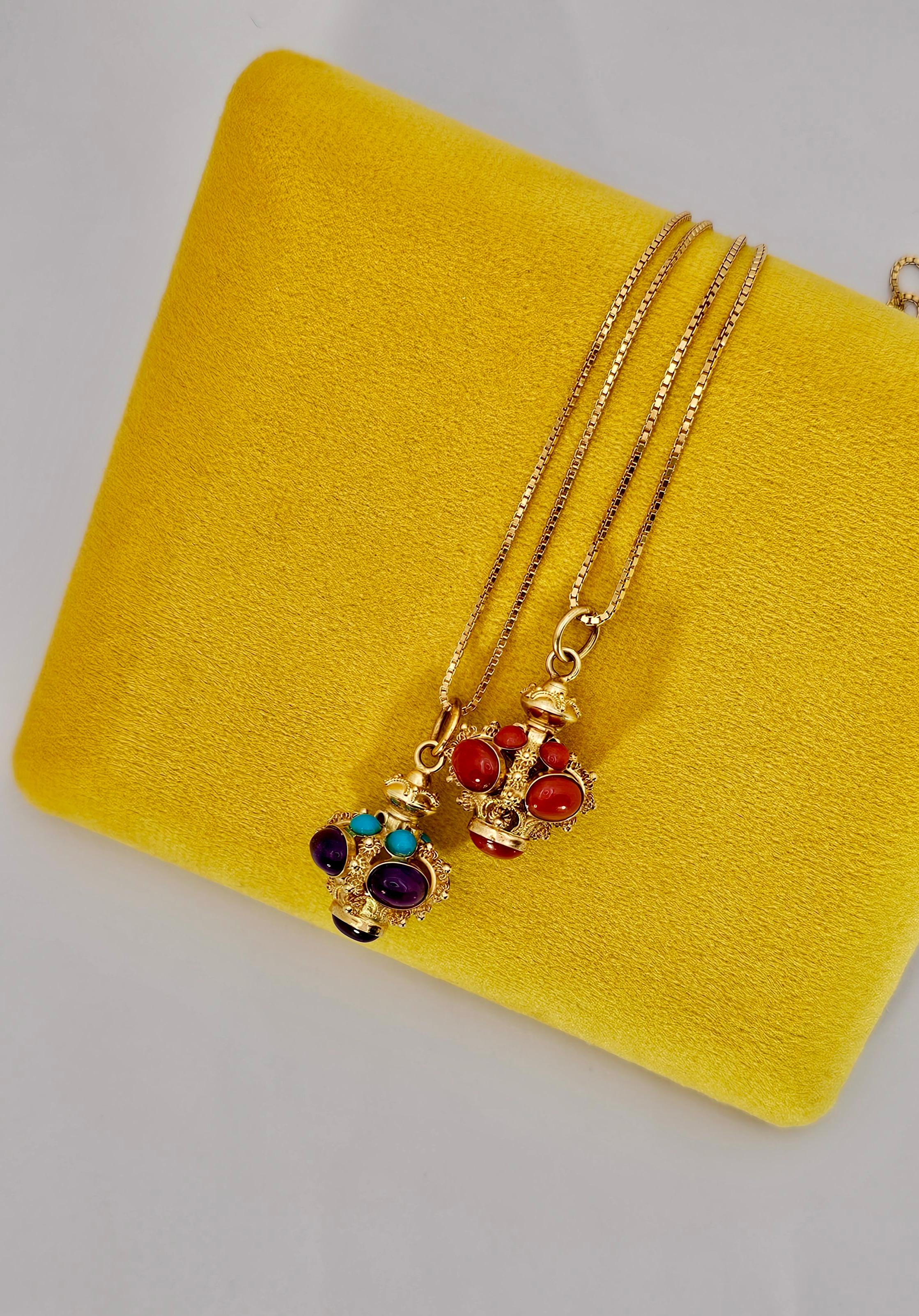 Baroque Style Pendant in 18 Kt Yellow Gold and Coral Cabochon For Sale 5