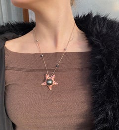 Starfish pendant 18Kt rose gold necklace sapphires diamonds Tahiti Keshi Pearl