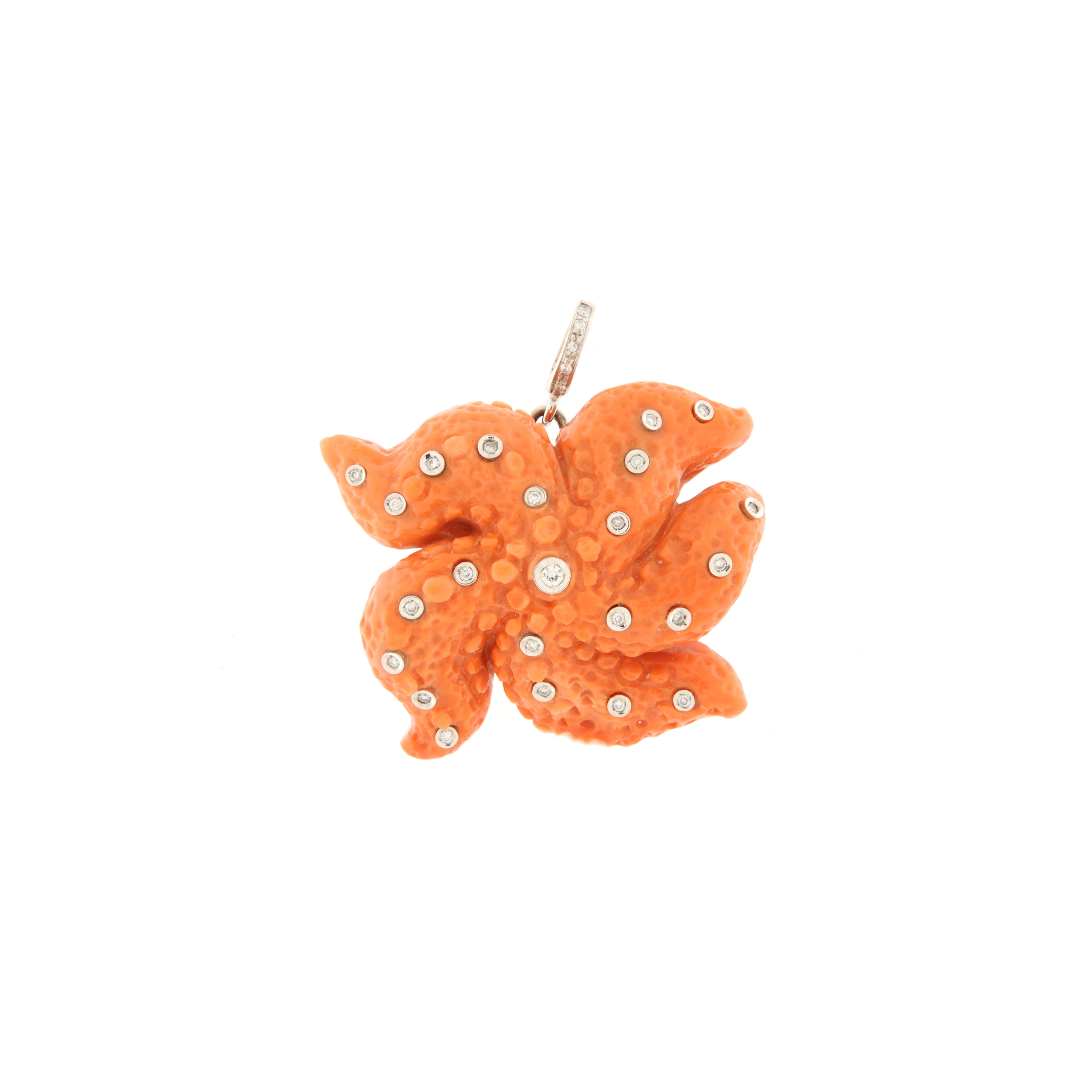 Anhänger Seestern orange Koralle, Weißgold und Diamanten (Round Cut) im Angebot