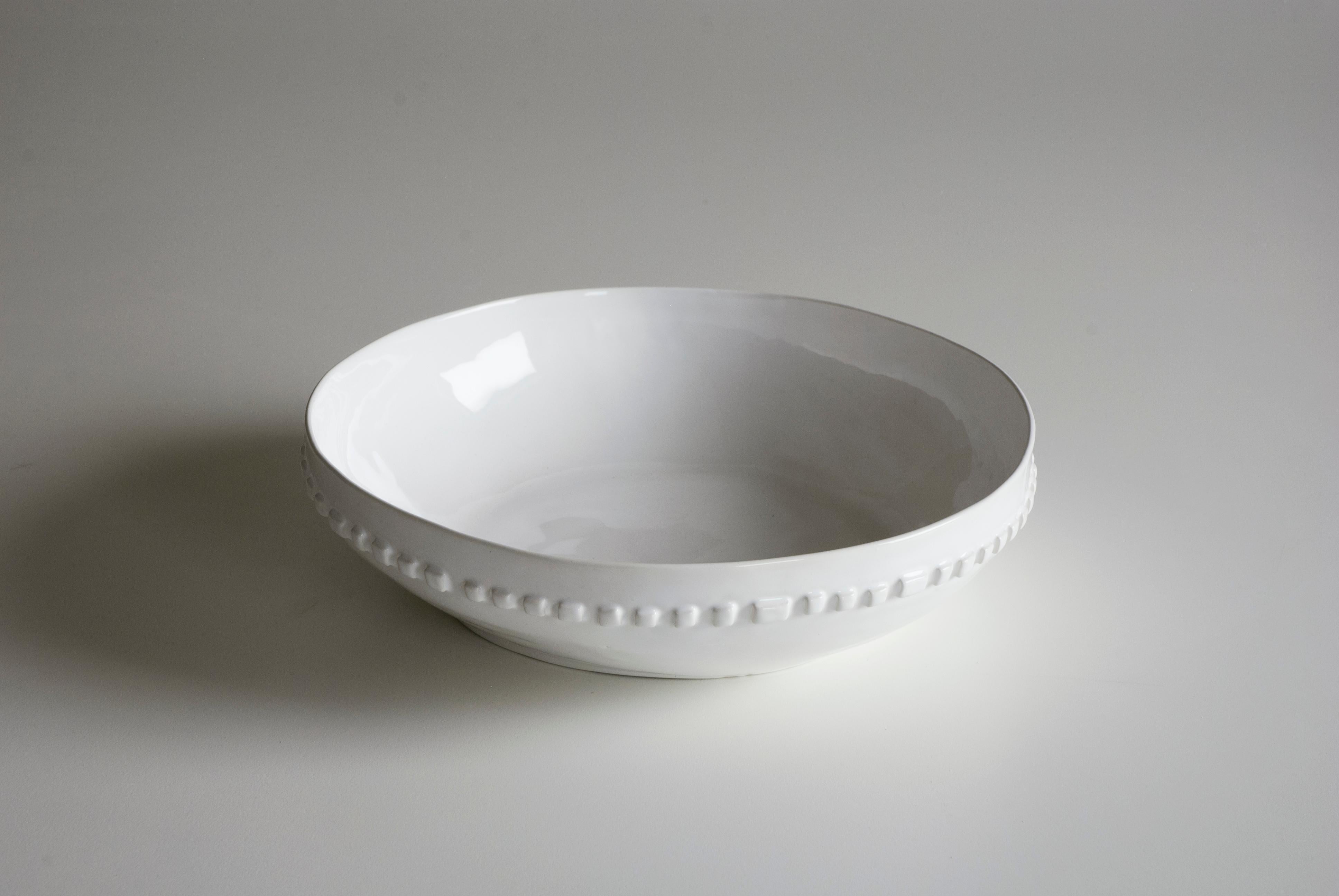 Italian white ceramic large bowl with relief decoration For Sale