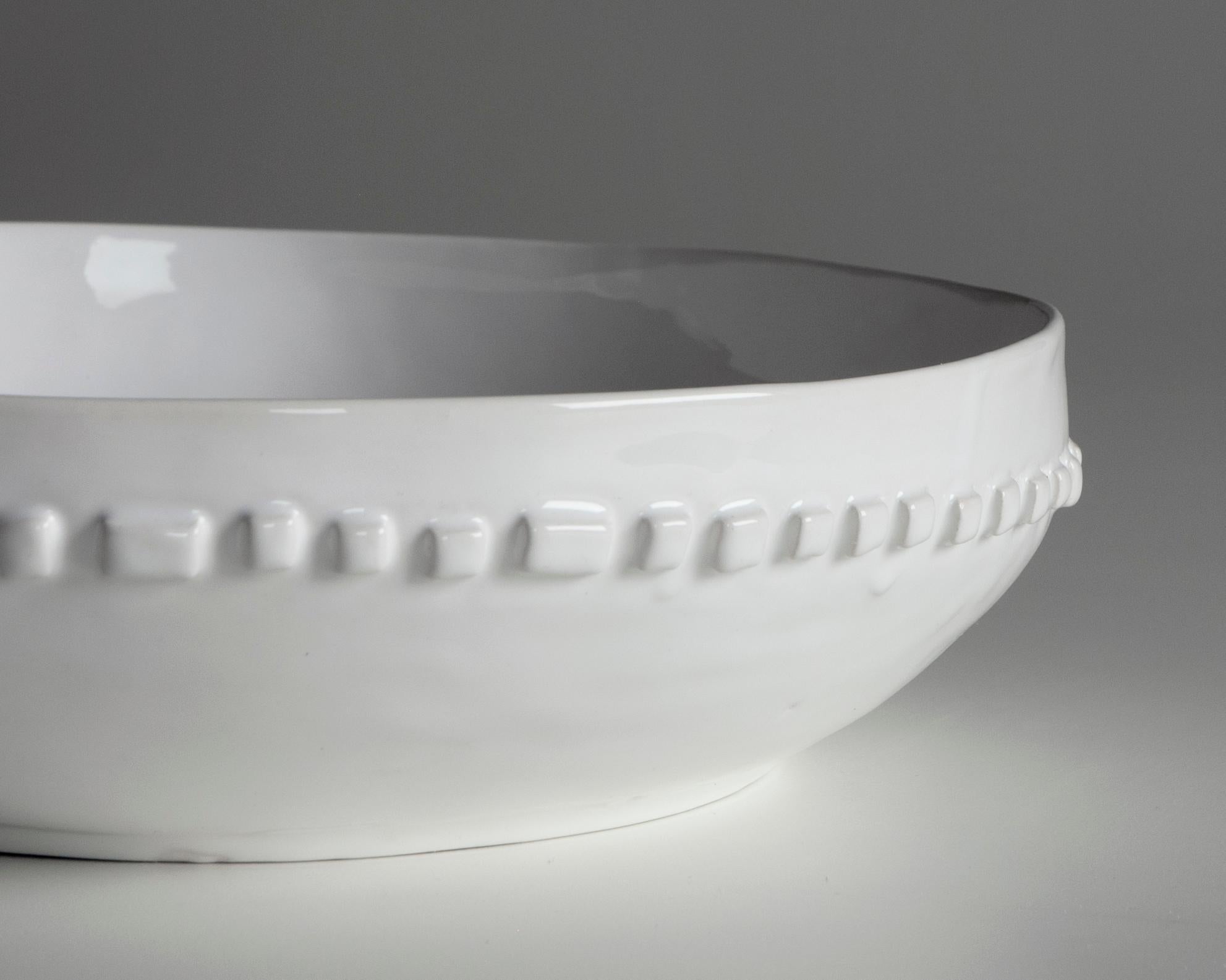 Hand-Crafted white ceramic large bowl with relief decoration For Sale