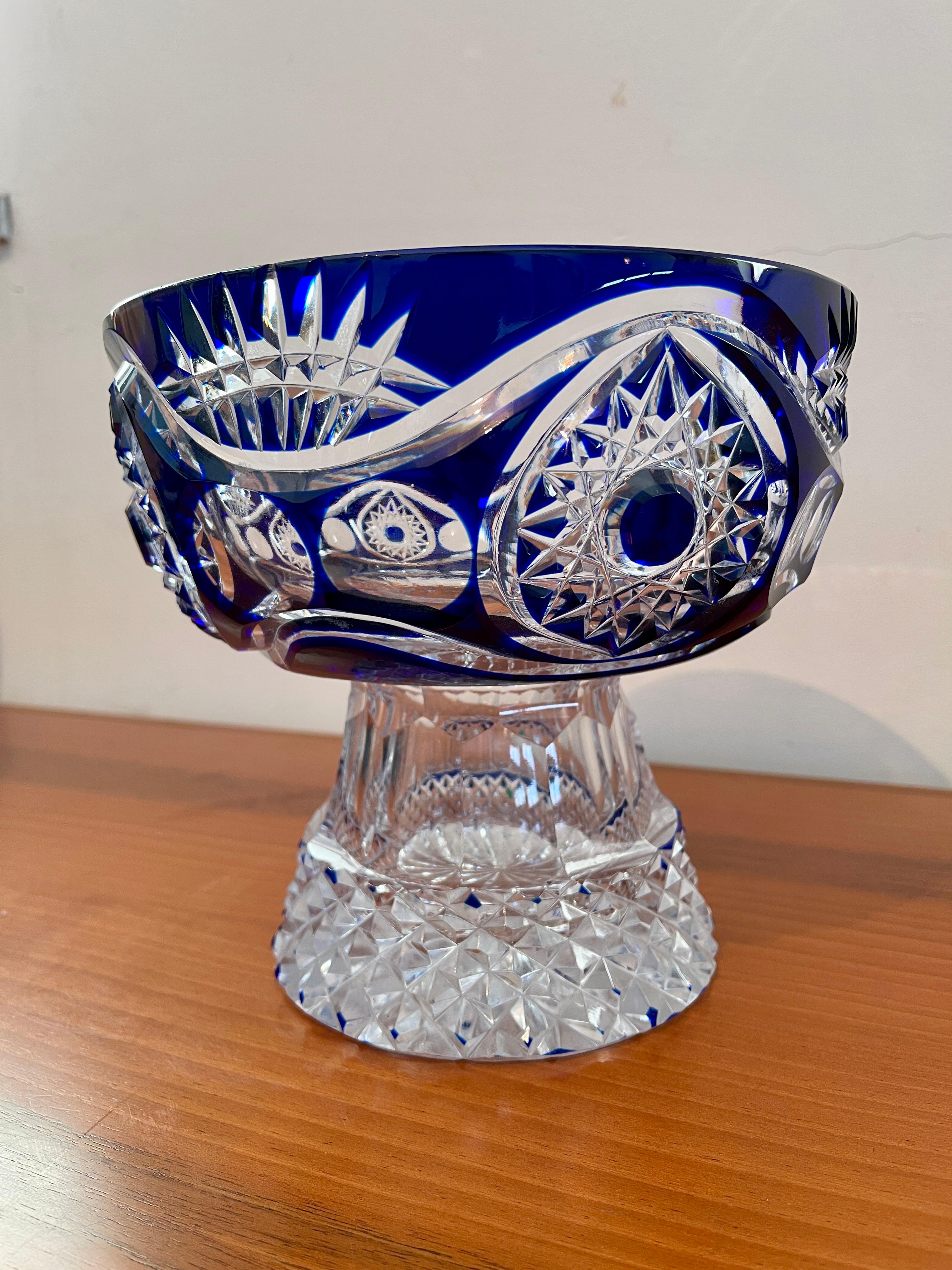 Italian Biedermeier style blue crystal oval bowl,  italian '98 For Sale