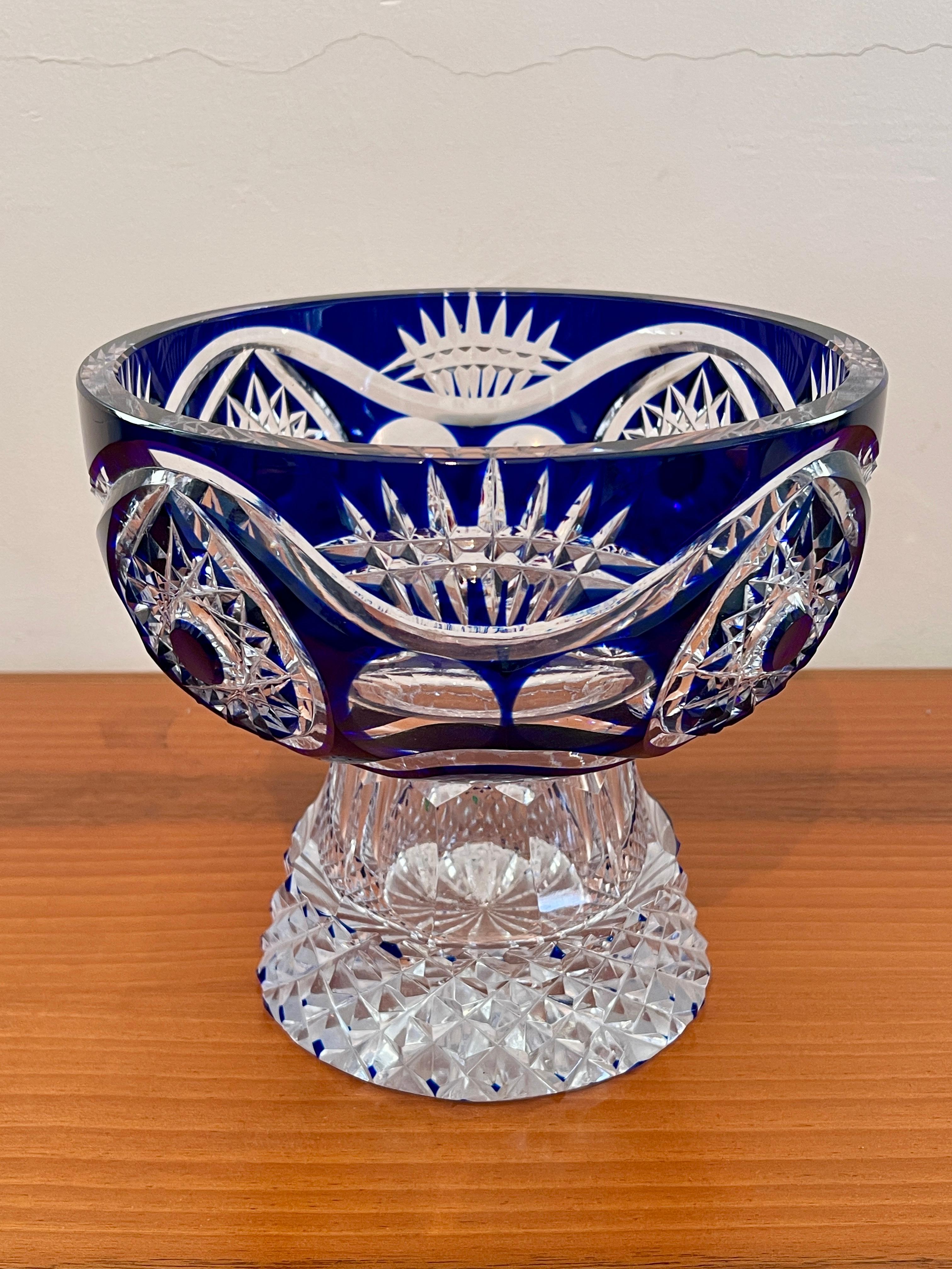 Hand-Crafted Biedermeier style blue crystal oval bowl,  italian '98 For Sale