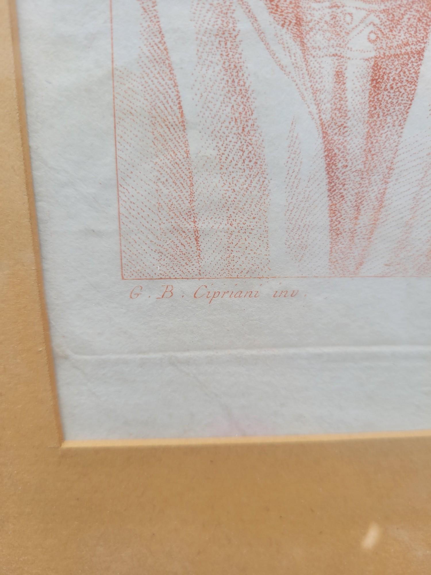 Two engravings framed in the style of sanguine (red chalk): one of them represents 4 angels and the other a scene from the Old Testament, Lot and his daughters.

All of them are after a drawing by Giovanni Battista Cipriani (1727-1785) and engraved