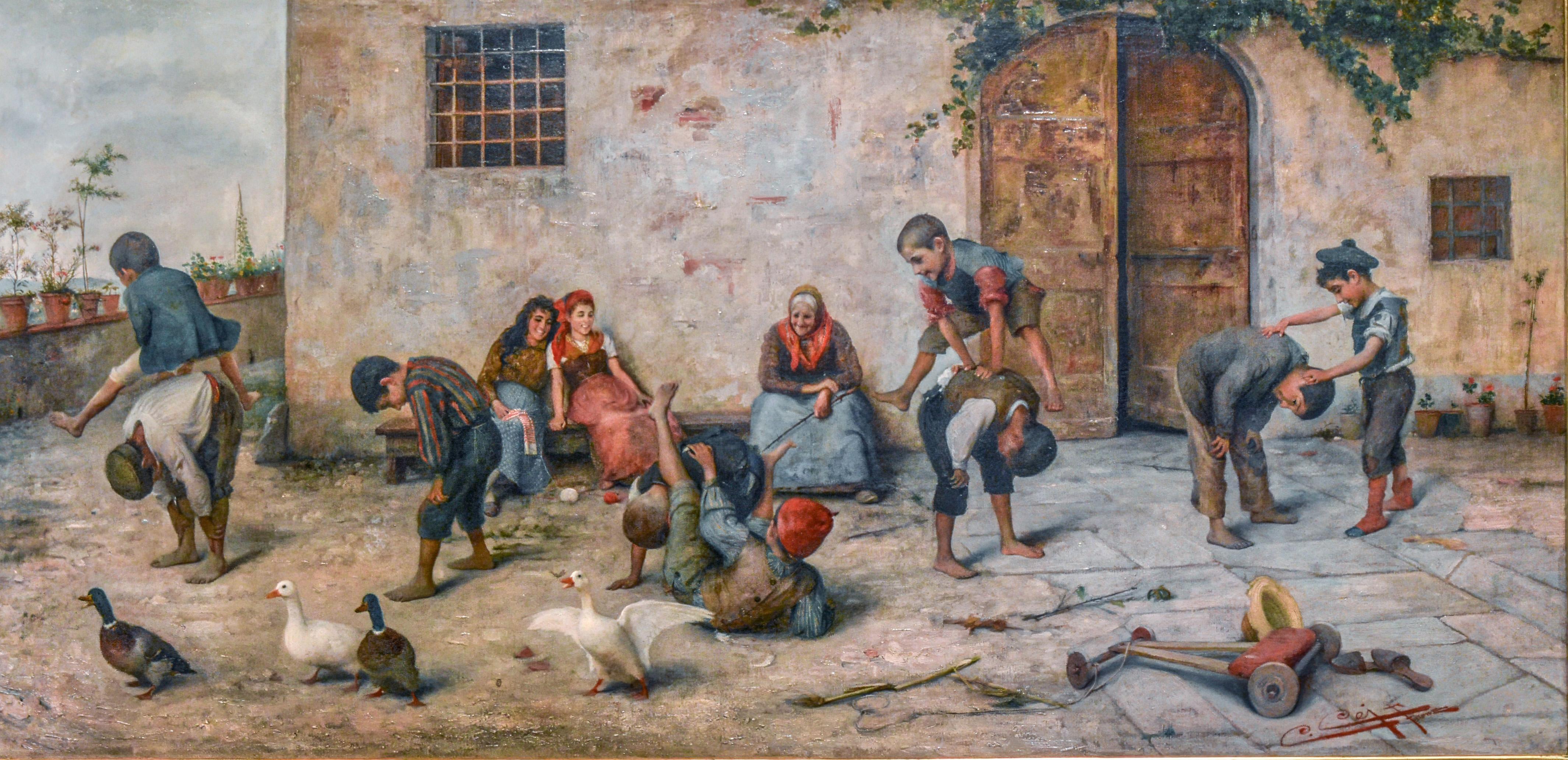 En general, buen estado, con parches visibles en la espalda. Marco original. Firmado C. Cei Firenze.