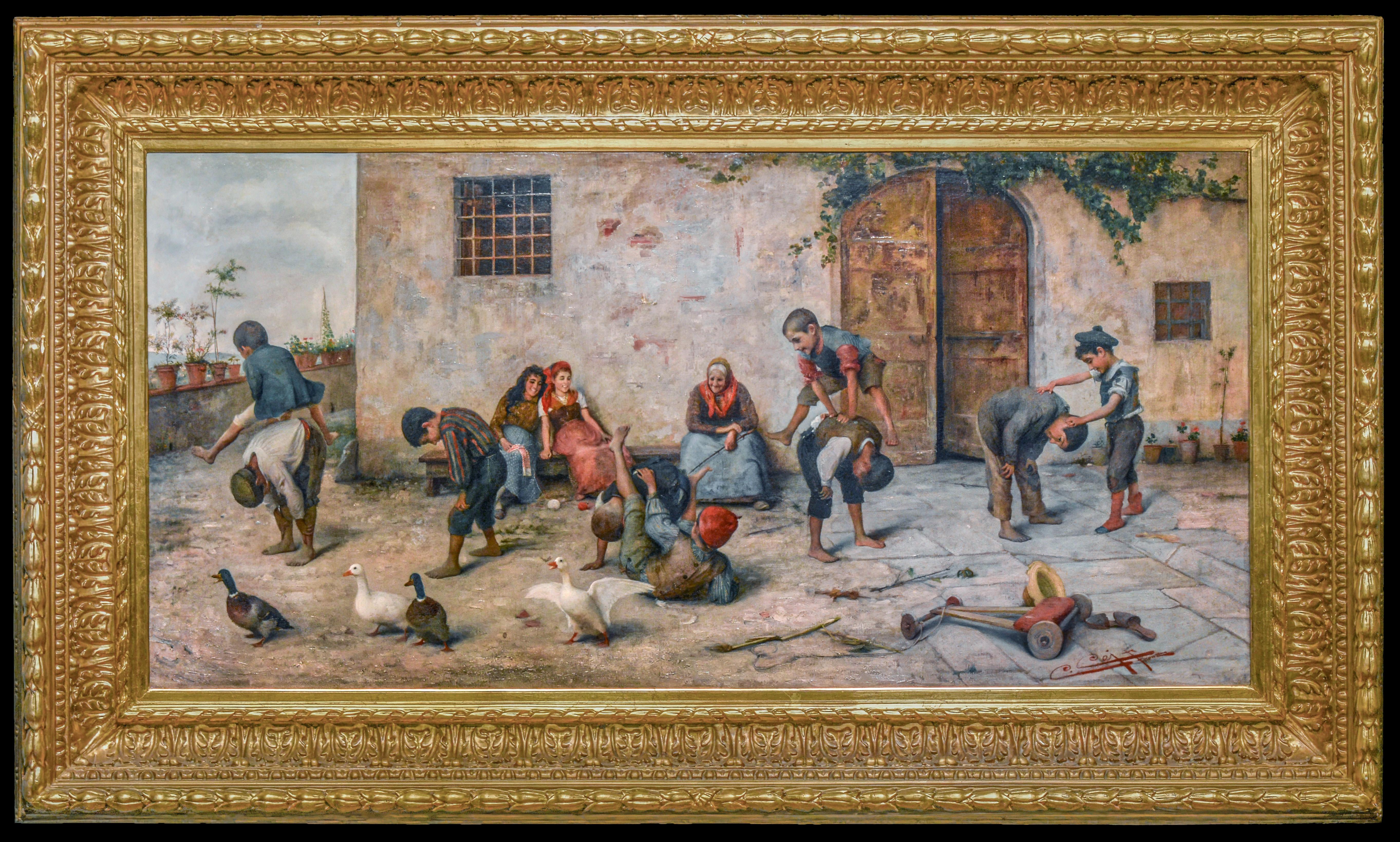 Monumental pintura italiana del siglo XIX de niños jugando en la calle en venta 2