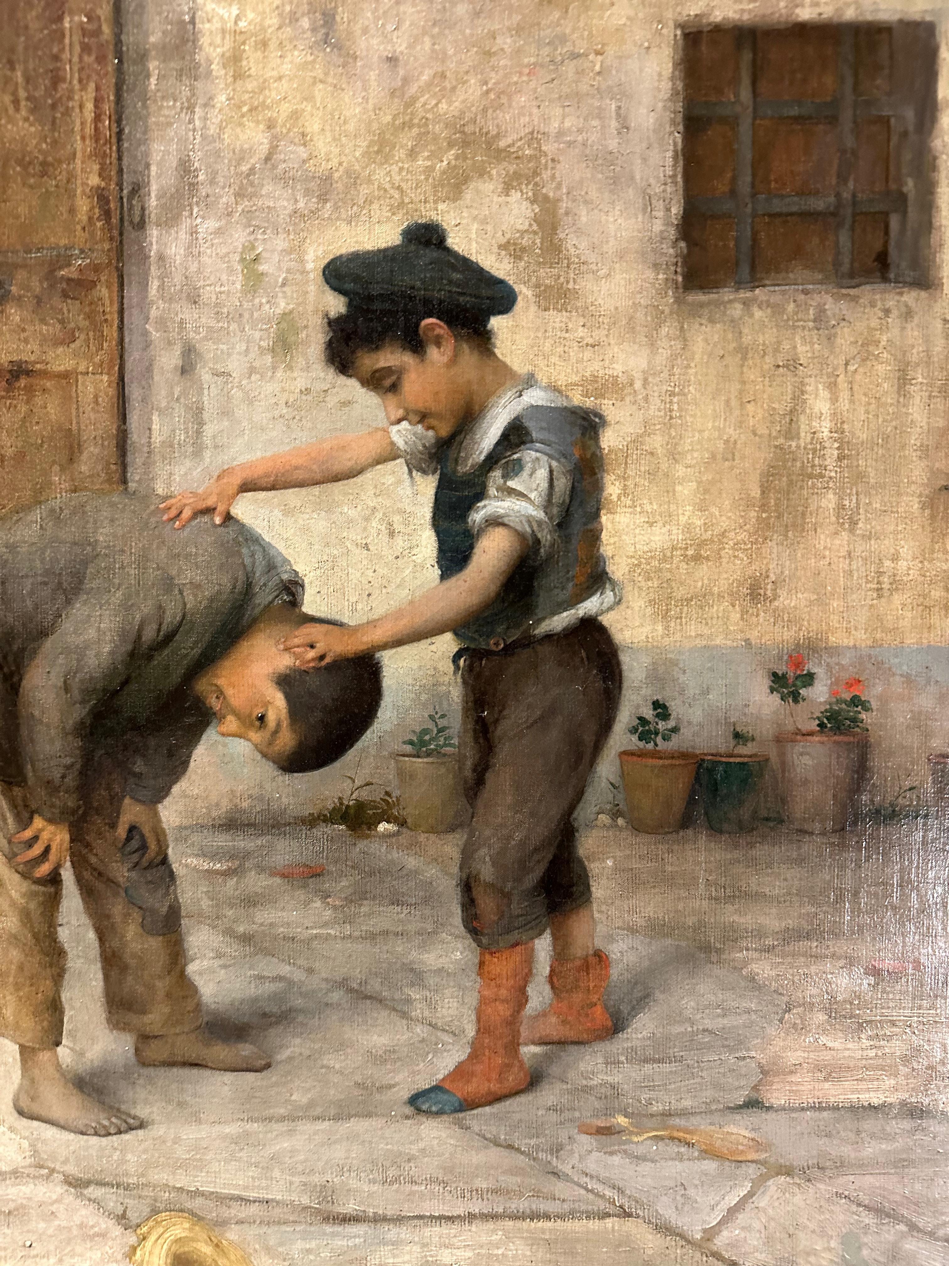 Monumental pintura italiana del siglo XIX de niños jugando en la calle en venta 3