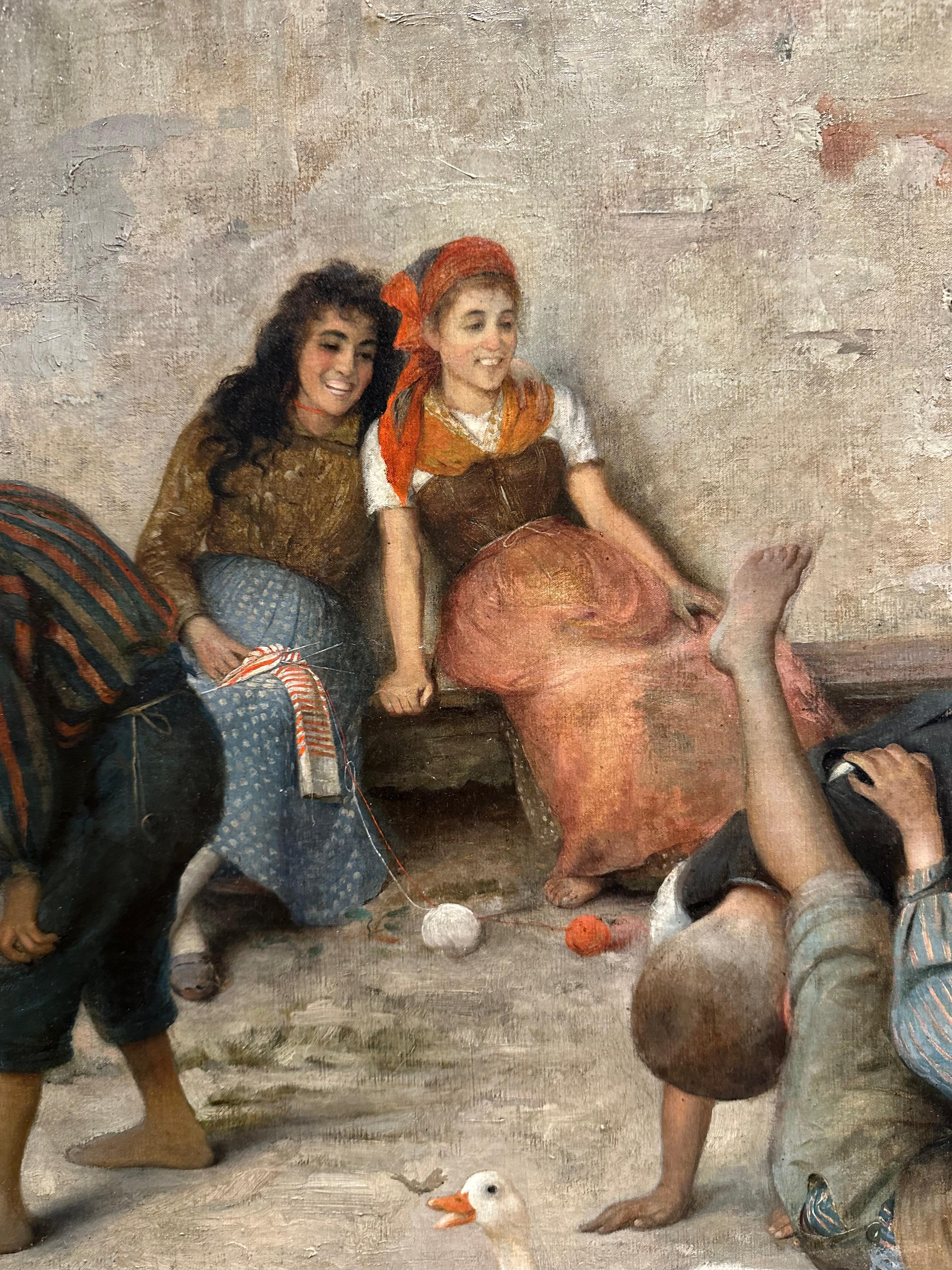 Monumental pintura italiana del siglo XIX de niños jugando en la calle en venta 4