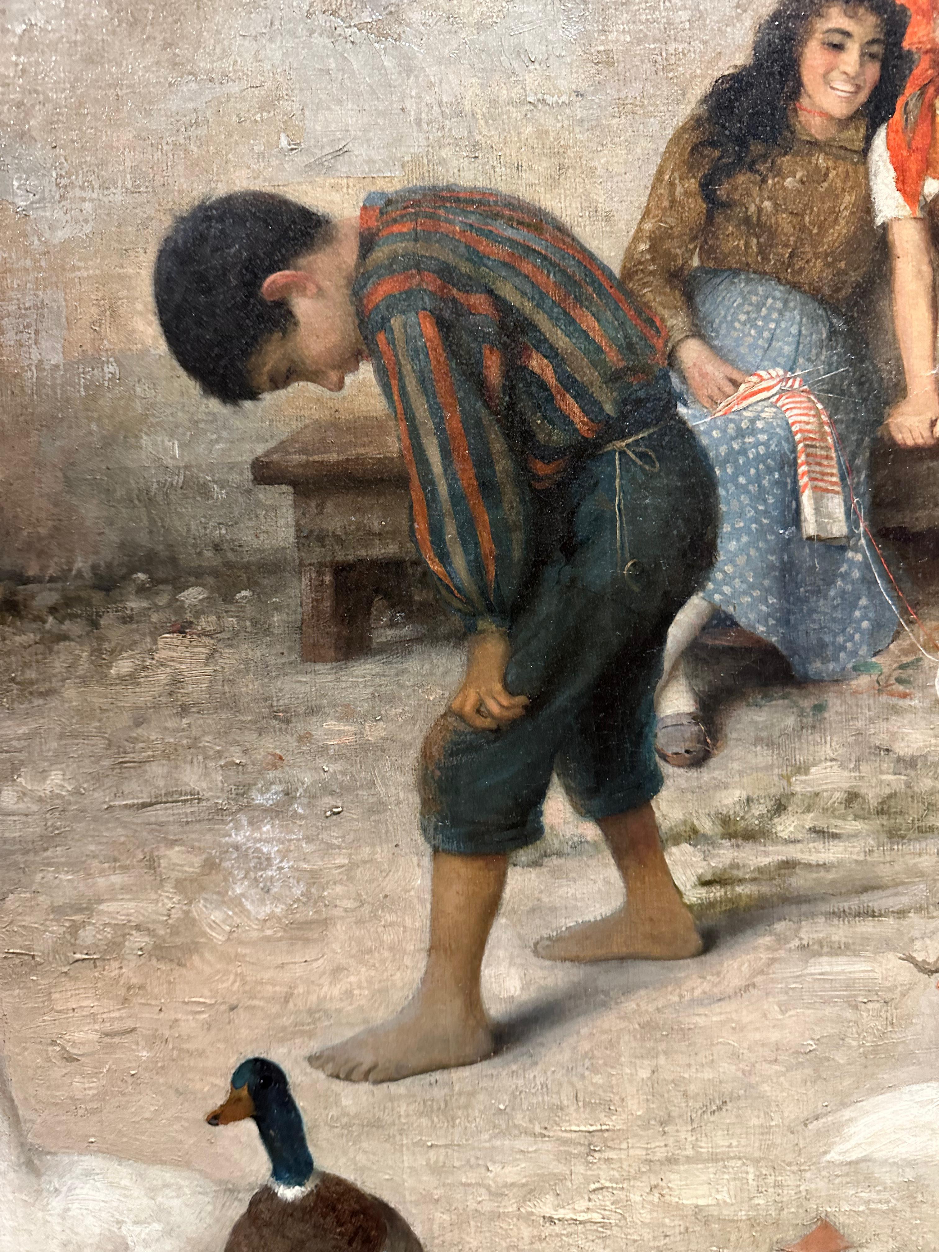 Monumental pintura italiana del siglo XIX de niños jugando en la calle en venta 5