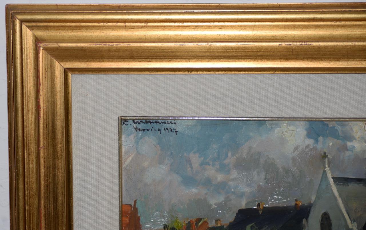 « Paysage de village italien », peinture à l'huile originale de Cipriano Mannucci, vers 1927 en vente 4