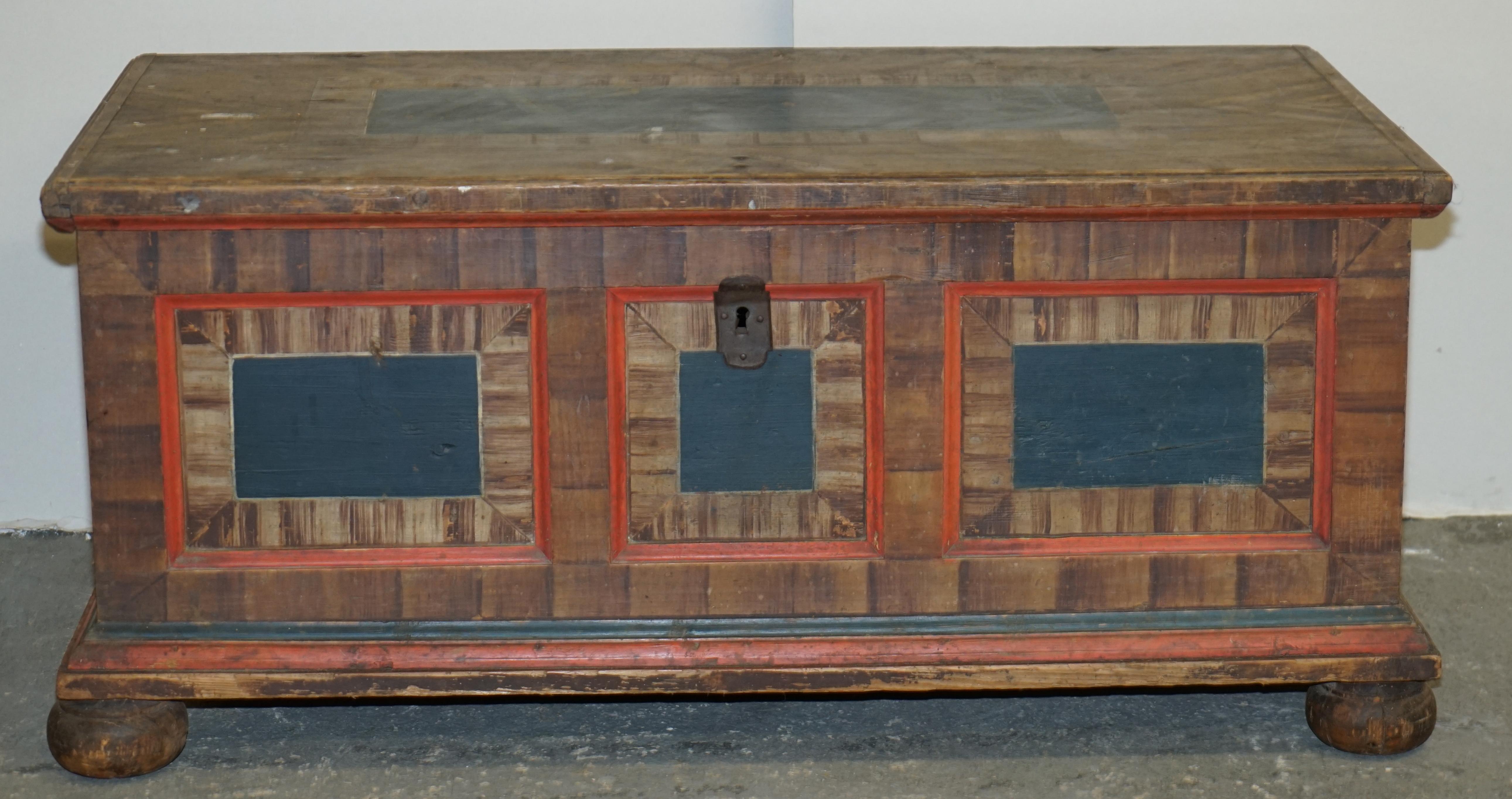 We are delighted to offer for sale this stunning, extra large circa 1800 hand painted European clothes trunk or marriage coffer chest with Acanthus leaf painting.

I have recently purchased a very large collection of these original, antique