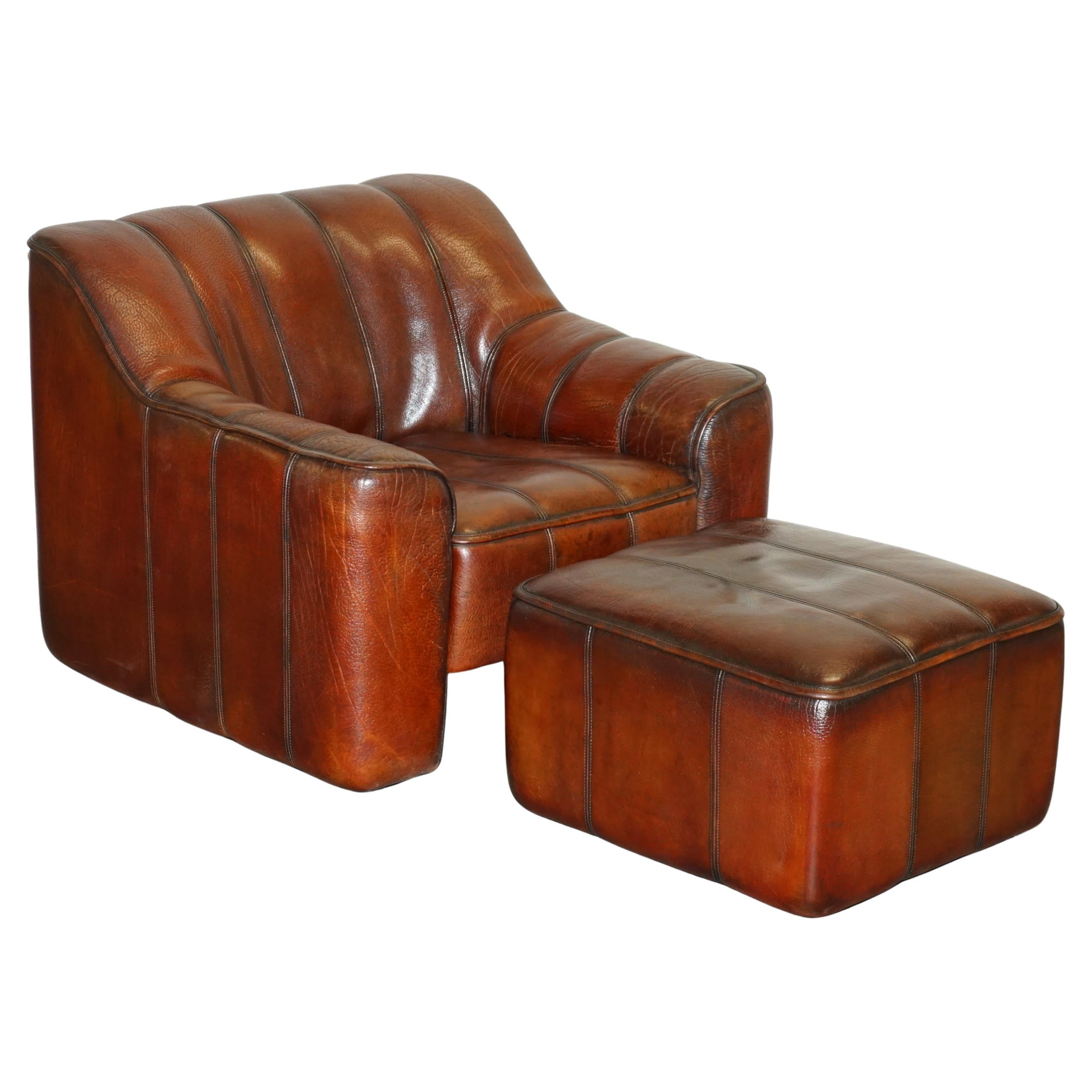 CIR 1960's DE SEDE DS-44 RECLINING BROWN BUFFALO NECK LEATHER ARMCHAIR & OTTOMAN