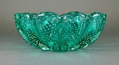 Cira 1950 Hand Blown Italian Murano Teal Glass Scalloped Bullicante Bowl