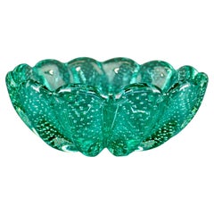 Cira 1950 Verre soufflé à la bouche en Italie, Murano, verre teal Bol Bullicante festonné