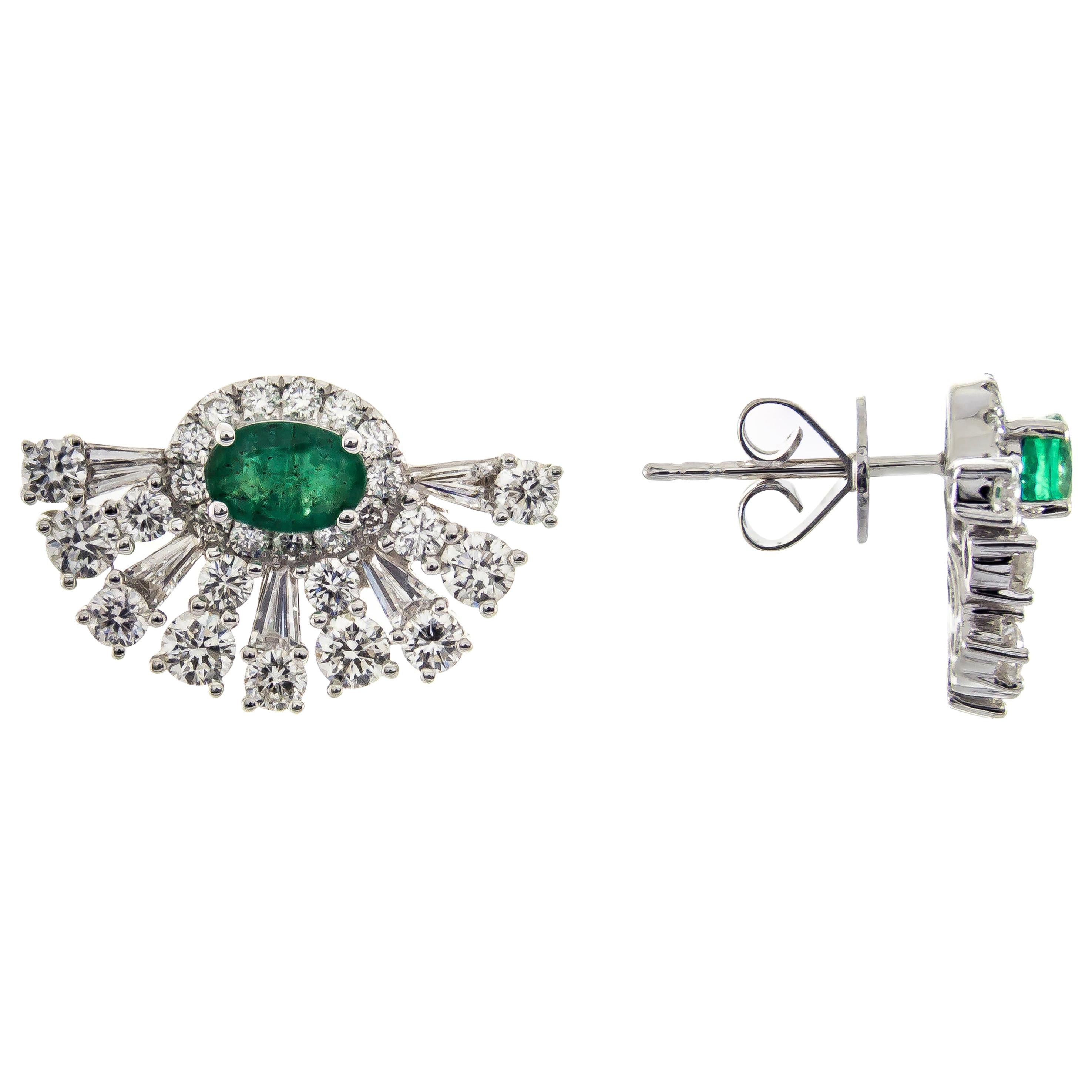 0.86 Carat Emerald and Diamond 18 Karat White Gold Earrings