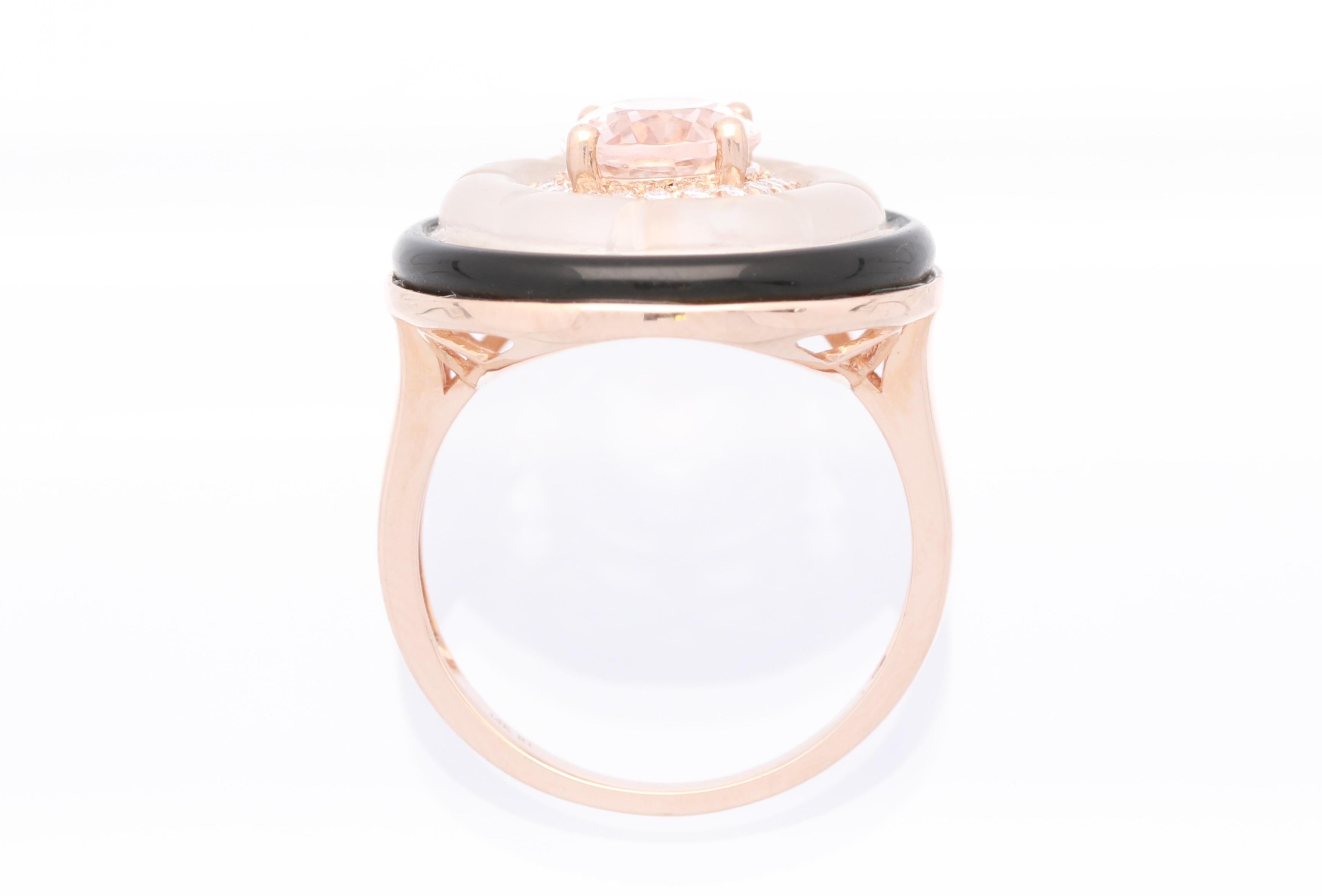 Make a wow statement with this captivating oval shape morganite diamond ring featuring Morganite , Onyx, Rock crystal and sparkling white diamonds in rose gold making a timeless design. The morganite is a spectacular alternative stone for an