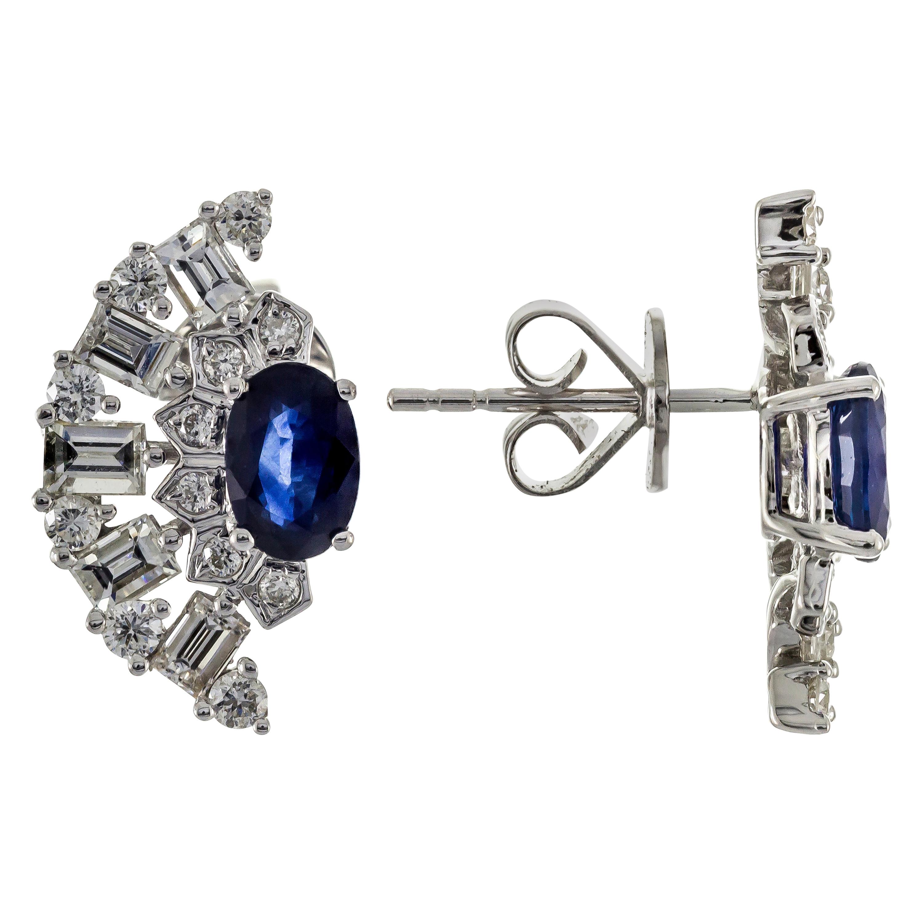 1.16 Carat Blue Sapphire Diamond 18 Karat White Gold Earrings